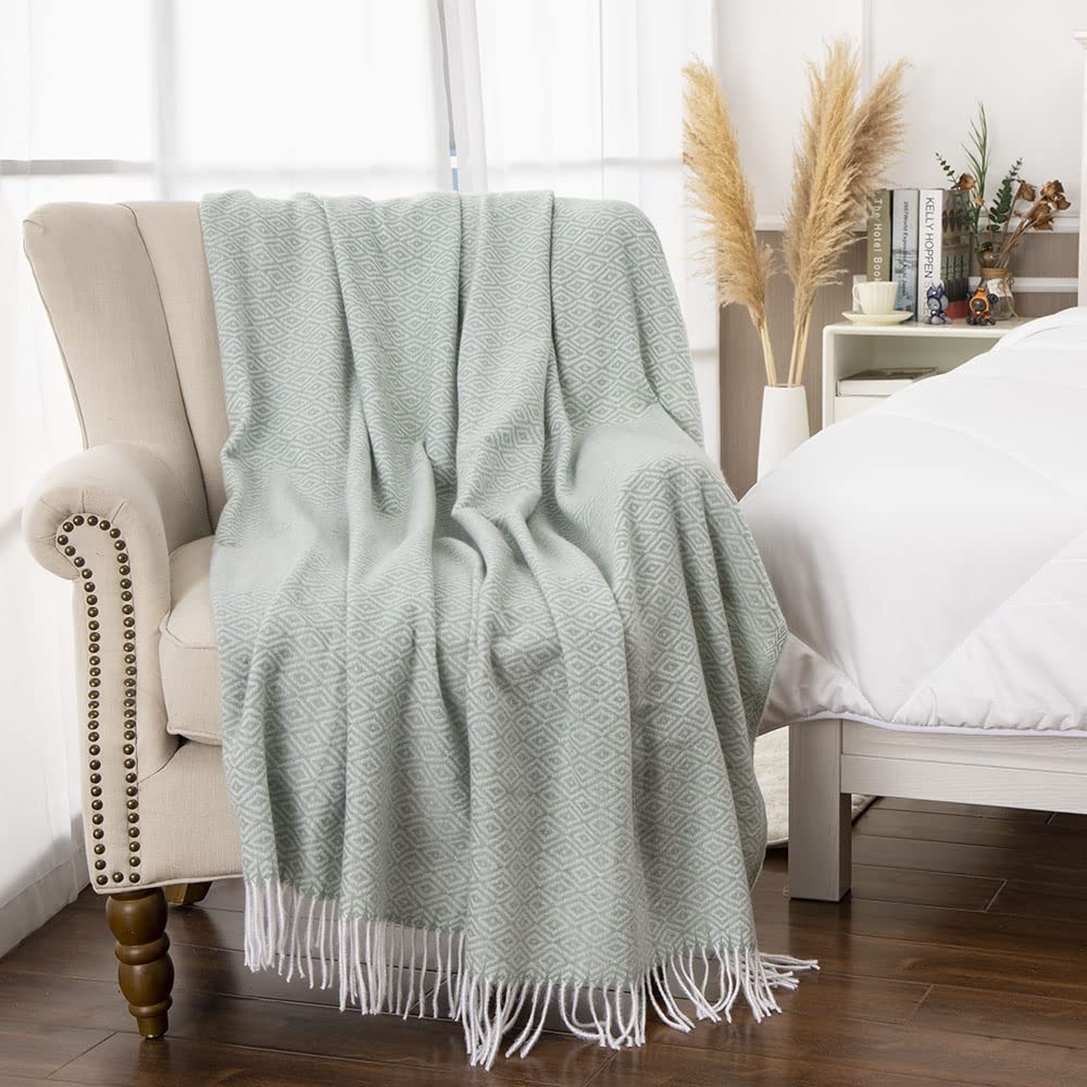 Gealaek Diamond Lattice Faux Cashmere Throw Blanket - Honeydew Fringe, Lightweight & Ultra Soft Cozy Blanket (50
