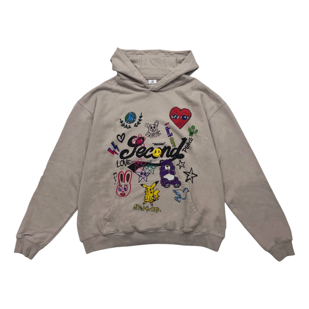 2nd Closet Hand-Drawn Printed Washed Hoodie - Beige | Cozy Oversized Pullover for Casual Wear & Street Style