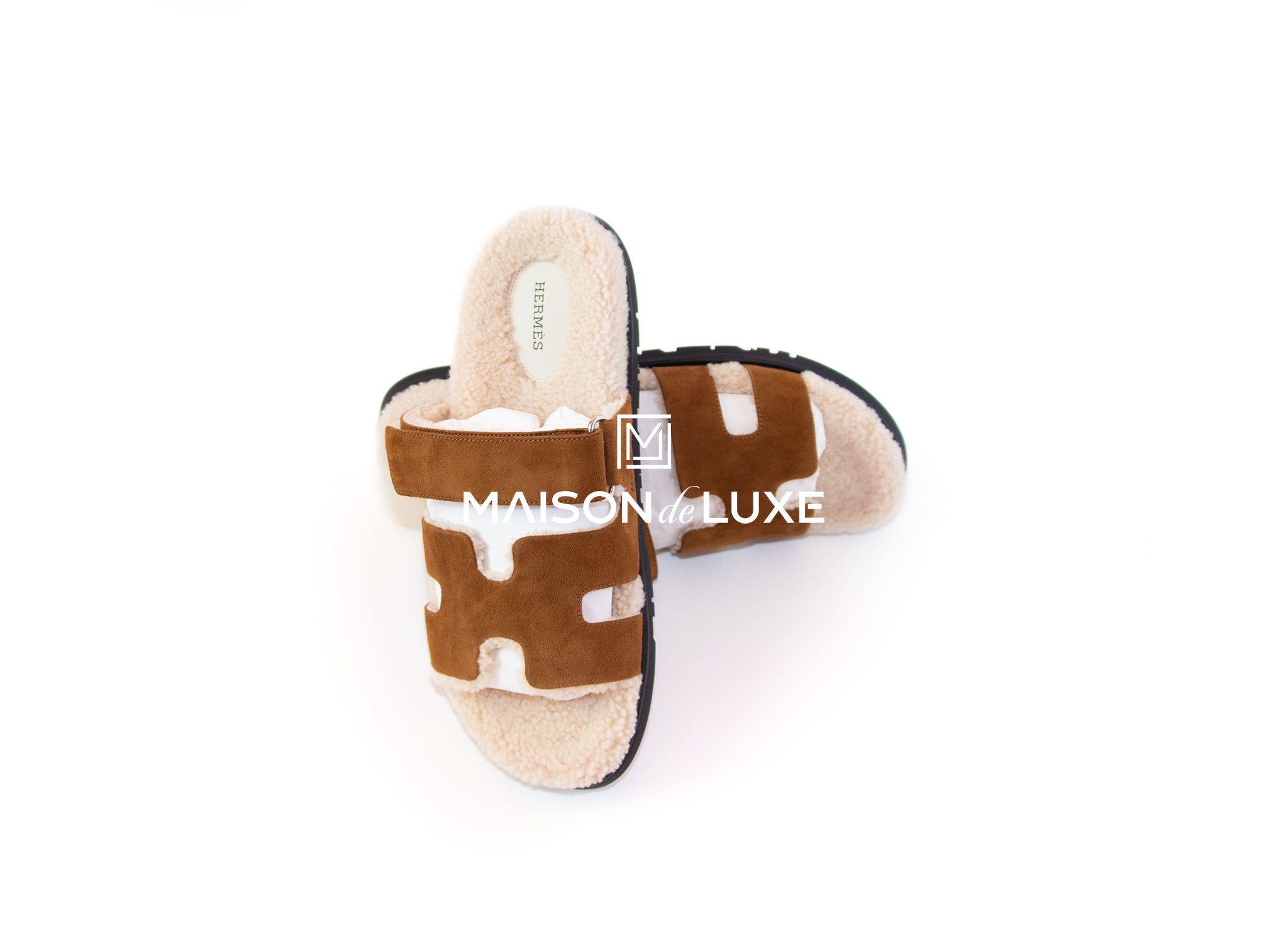 Hermes Men's Brun Fume Shearling Chypre Sandal Size 42 | Luxe Shearling Slippers for Men | Perfect for Home Lounging & Winter Comfort