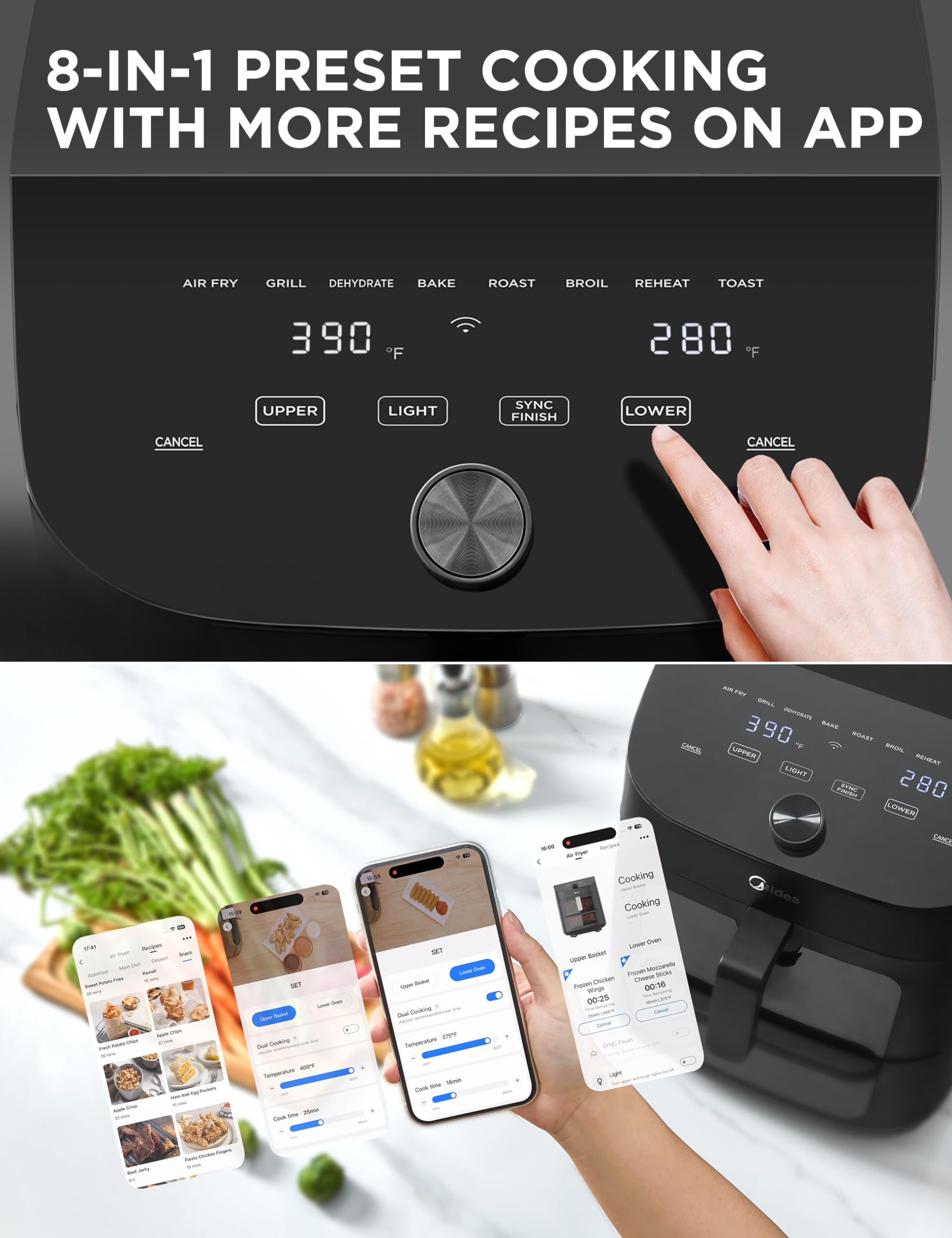 Midea 11 Quart Dual Basket Air Fryer Oven - 8-in-1 Smart Wi-Fi Enabled Appliance with Clear Window & Alexa Compatibility - Perfect for Family Meals, Baking, Roasting, Grilling, Broiling & Toasting - Ideal for Busy Families, Meal Prep & Healthy Cooking