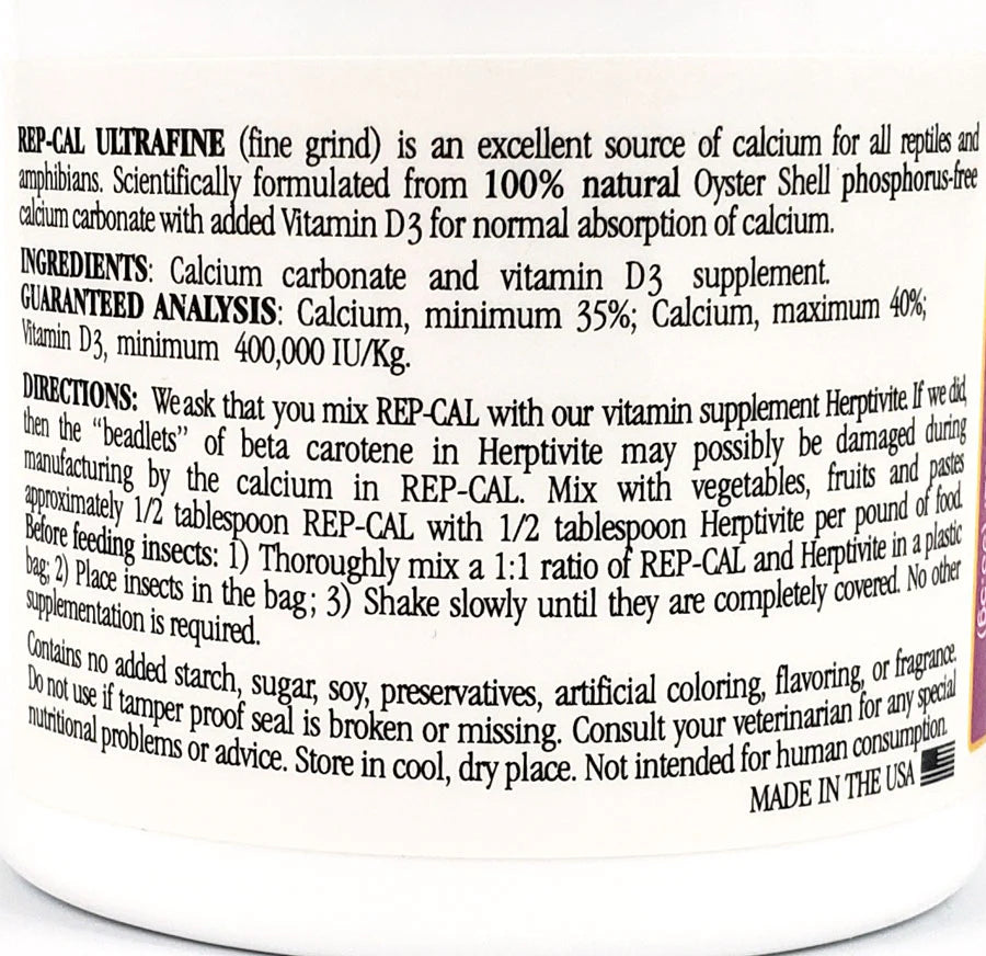 Rep Cal Ultrafine Calcium with Vitamin D3 - Premium Reptile Supplement for Bone Health & Growth - Ideal for Bearded Dragons, Turtles & Lizards