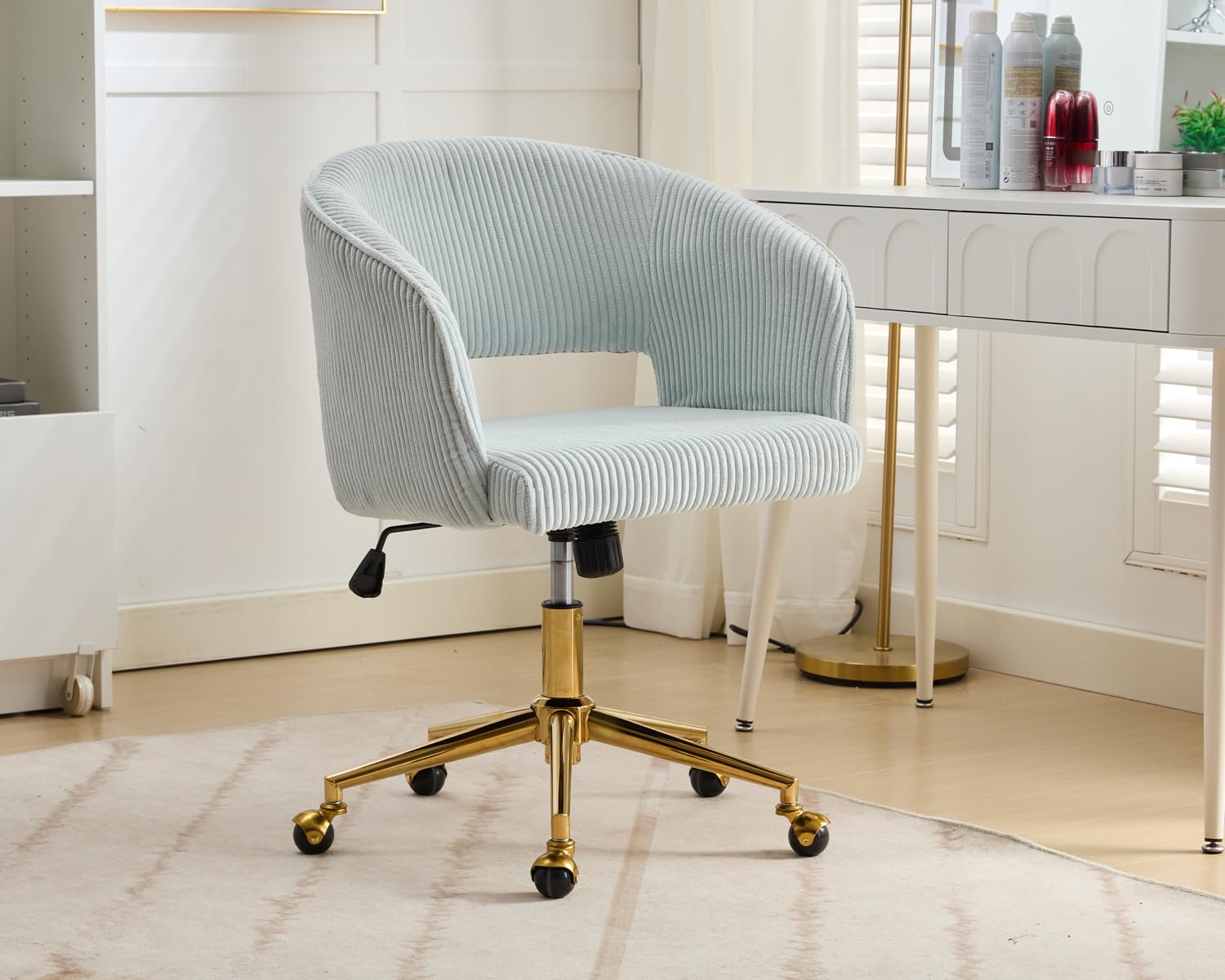 Ergonomic Swivel Office Chair with Corduroy Fabric & Gold Base - Comfortable Tufted Desk Chair for Women, Girls, Home Office, Study & Computer Work - Light Blue Accent Armchair for Living Room & Workspace