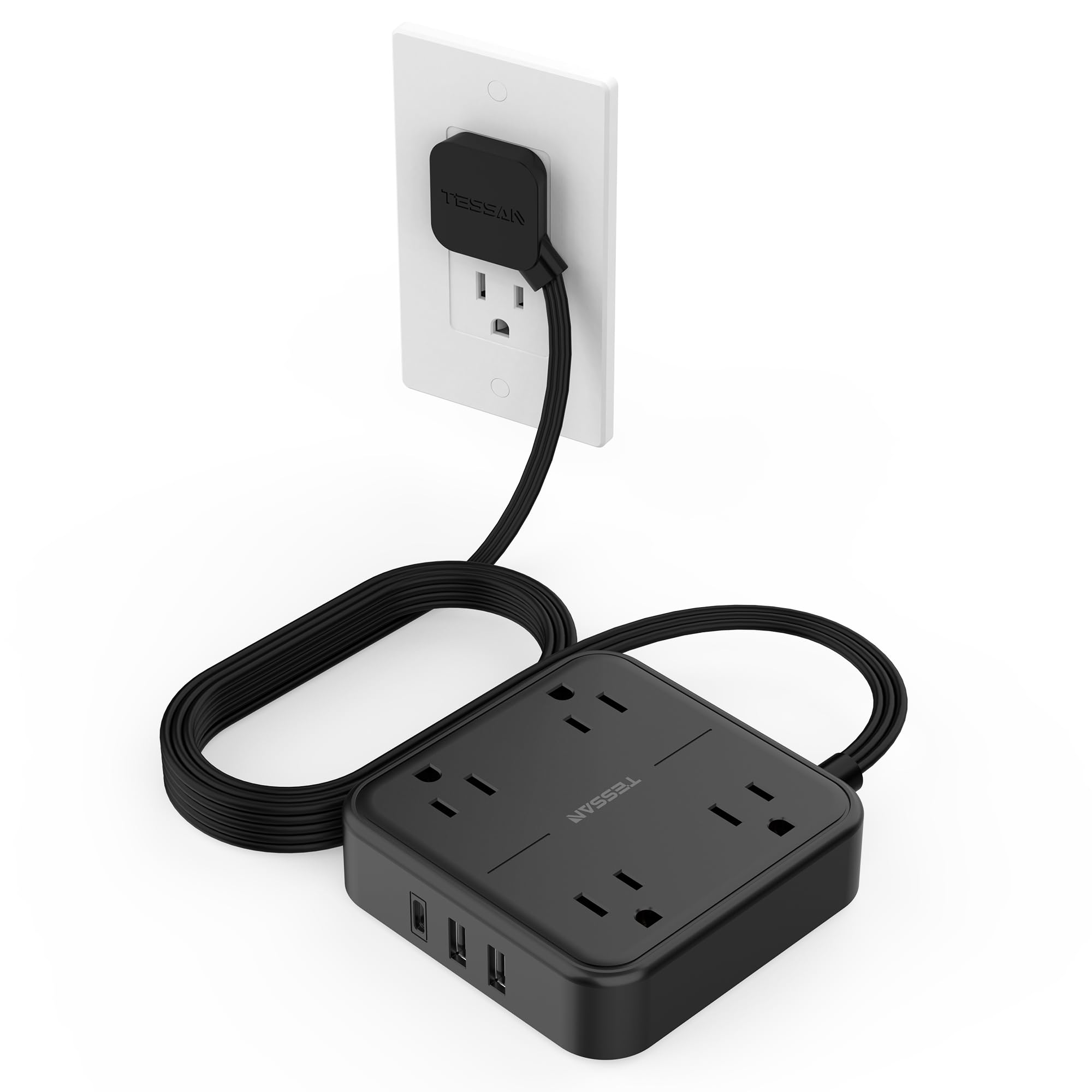 TESSAN 10 FT Black Flat Extension Cord with 4 Outlets & 3 USB Ports (1 USB-C) - Ultra Thin Power Strip for Home, Office, Dorm | Mountable Space-Saving Design for Desks, Bedside & Behind Furniture