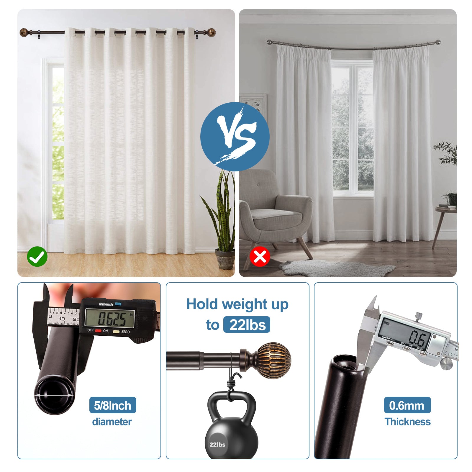 Urbanest 5/8 Inch Single Telescoping Curtain Rod with Volle Ball Finials - Adjustable 28 to 120 Inches - Perfect for Living Room, Bedroom & Window Treatments