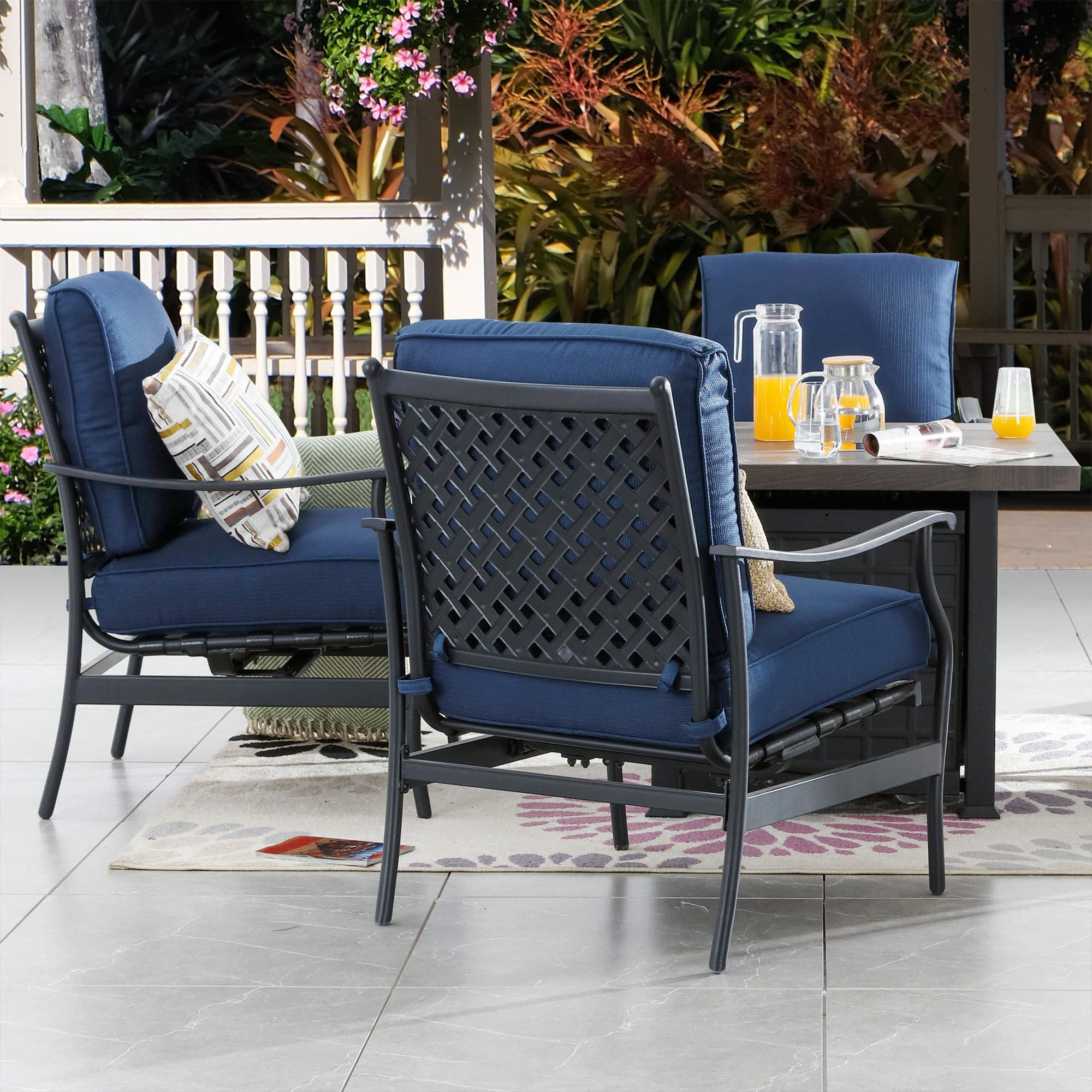 **Outdoor Patio Conversation Set with 50,000 BTU Propane Fire Pit Table & Rocking Chairs - 5-Piece Blue Set (CSA Certified, Thick Cushions) - Perfect for Backyard Gatherings, Relaxation & Entertaining**