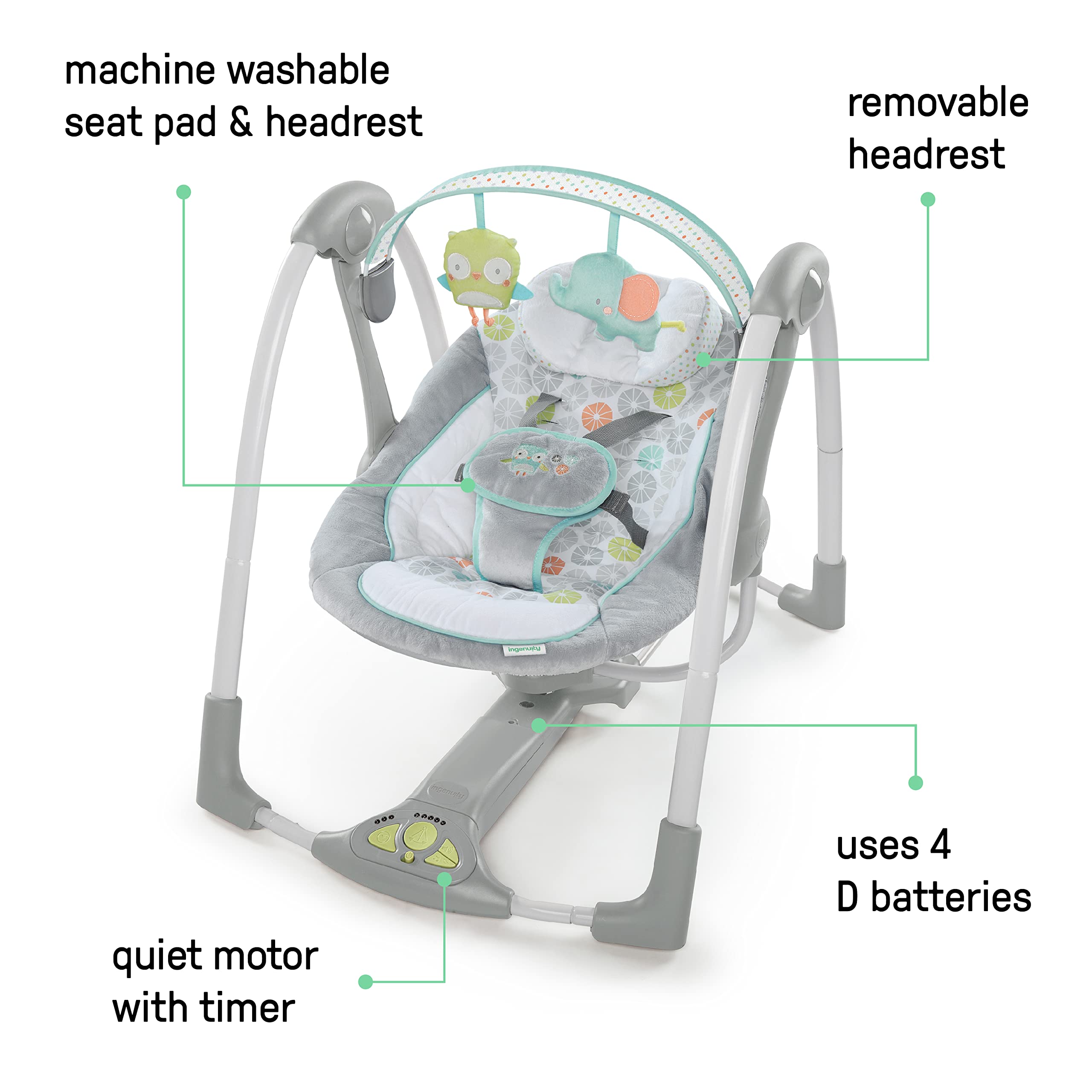 Ingenuity Swing 'n Go 5-Speed Baby Swing - Foldable, Portable Infant Swing with 2 Plush Toys & Soothing Sounds for Newborns 0-9 Months (6-20 lbs) | Perfect for Nursery, Travel & On-the-Go Parents (Hugs & Hoots)