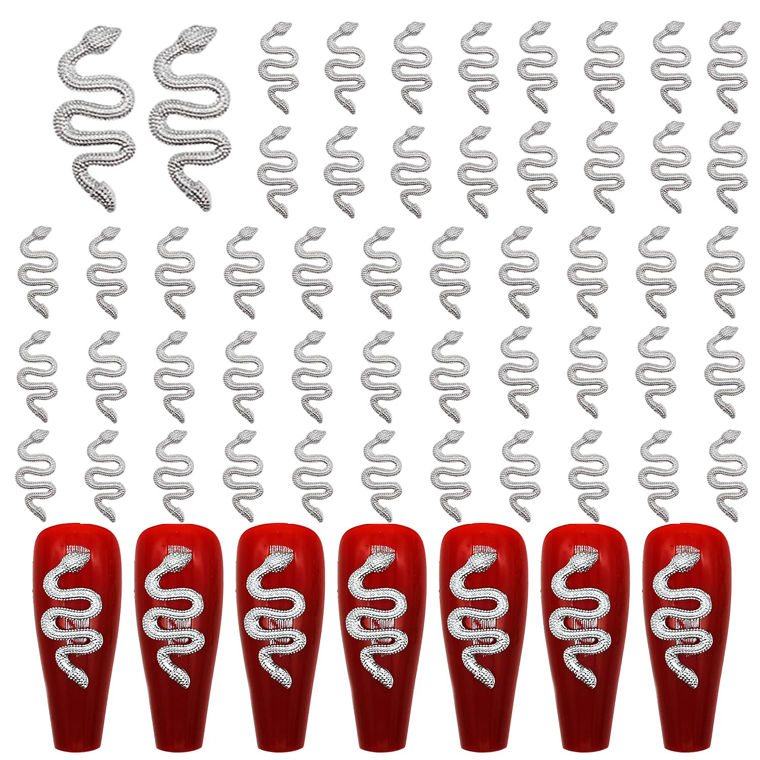 WOKOTO 50pcs Silver Snake Nail Charms - 3D Nail Art Jewelry for Acrylic Nails, Snake Nail Studs & Decorations - Perfect for Halloween, Gothic Nail Designs, and Nail Art Enthusiasts