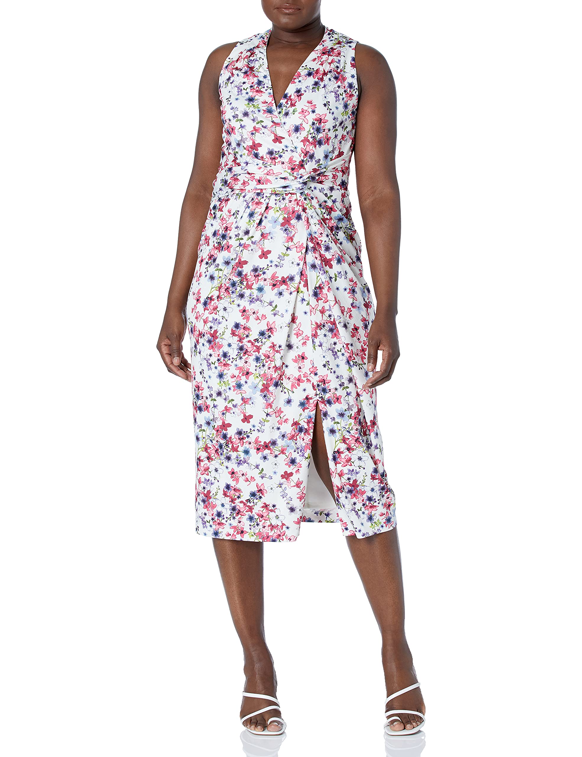 Adrianna Papell Women's Floral Knit Draped Dress - Elegant A-Line Midi Dress for Wedding Guest, Cocktail Party & Special Occasions