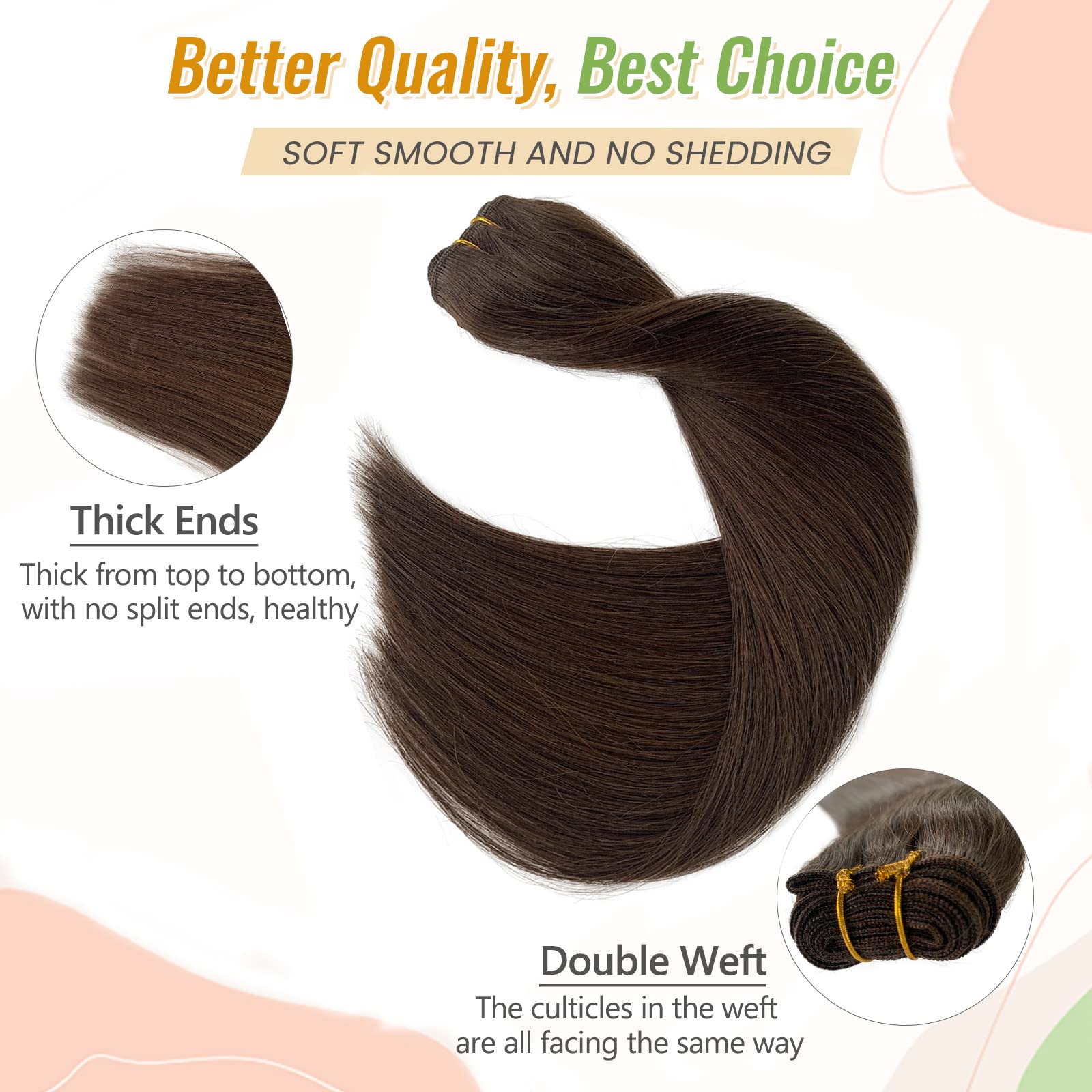 24 Inch Dark Brown Human Hair Extensions - Double Weft Sew in Bundles, Hand Tied Weft, 120g Straight Real Human Hair for Women | Perfect for Daily Styling, Special Occasions & Volume Boosting