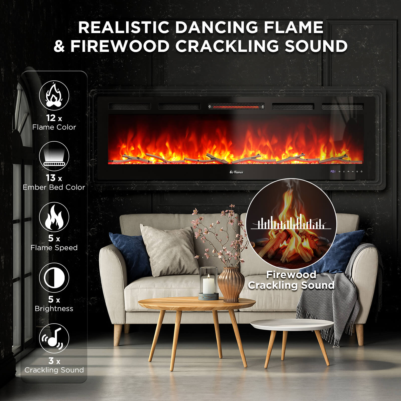 In Flames INF60W 3D WiFi Smart Wall Mounted Electric Fireplace with Tempered Glass - Modern Heating Solution for Living Room, Bedroom & Office