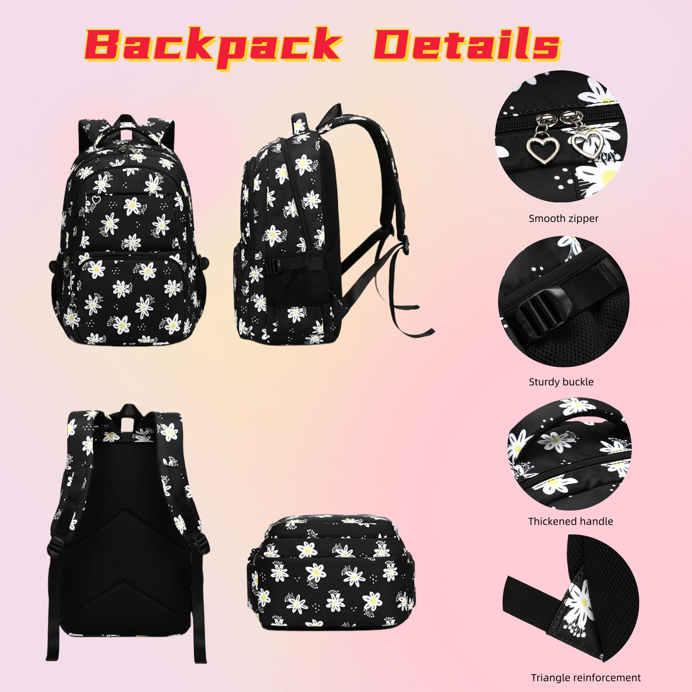 ZHANAO Girls Daisy Backpack Set - 3 Piece School Backpack with Lunch Box for Teens & Kids | Cute Flower Print Daypack for School, Travel & Daily Use