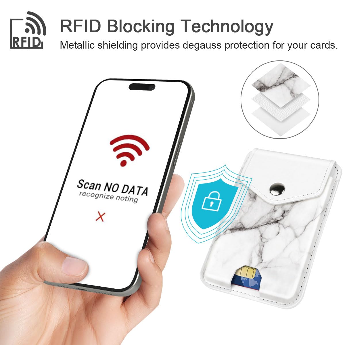 Leather RFID Phone Wallet with Snap - Self Adhesive Card Holder for Back of Phone - White Marble Design - Perfect for Credit Cards, IDs & Transit Passes - Ideal for Work, Travel & Everyday Use