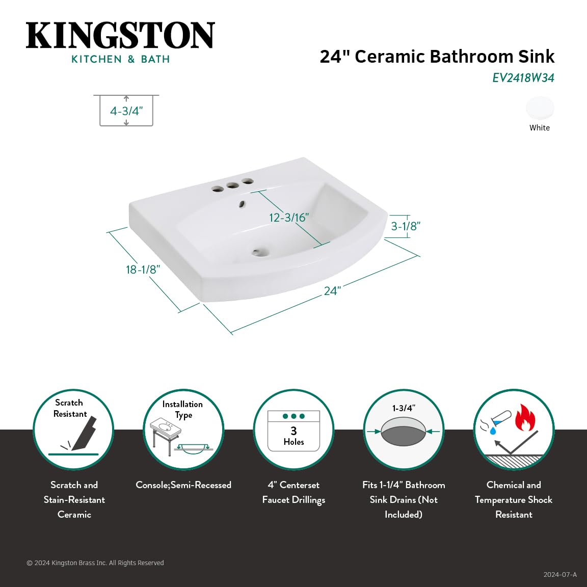 Kingston Brass EV2418W34 White Inflection Console Sink Top - Elegant Bathroom Vanity Sink for Modern & Traditional Home Decor