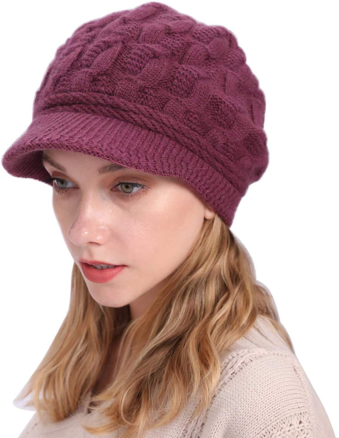 Women's Fleece Lined Knitted Beanie Hat with Brim - Warm Newsboy Cloche Style Winter Cap for Outdoor Activities & Fashion