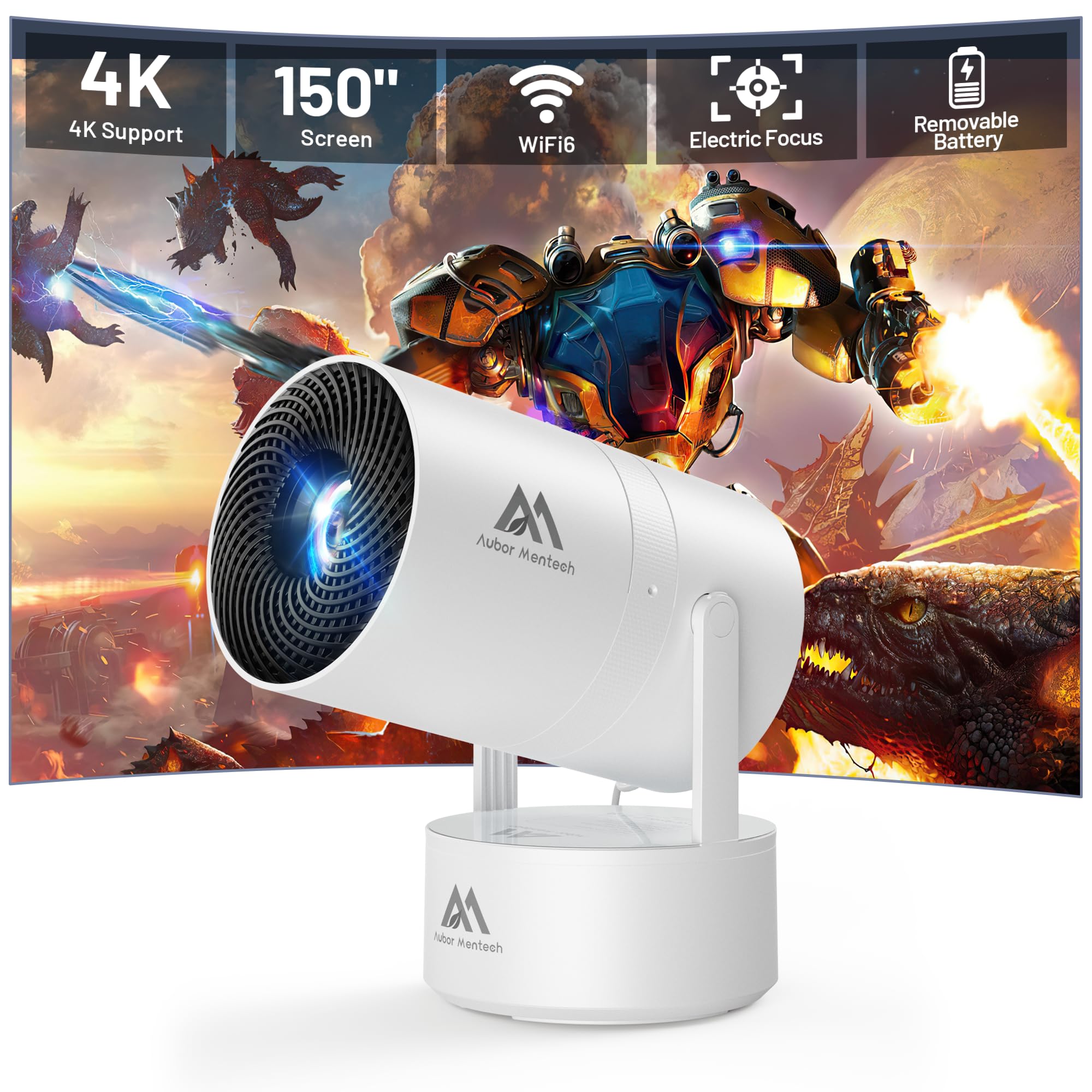 4K WiFi Bluetooth Mini Projector with Built-in Battery - 1080P Support, 270° Rotation, 150