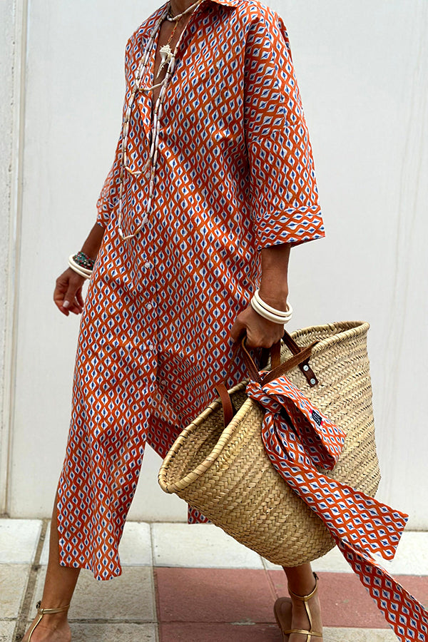 Summer Splendor Printed Button Half Sleeve Belt Loose Shirt Midi Dress - Flowy Boho Chic Outfit for Beach Vacation, Date Night & Casual Wear