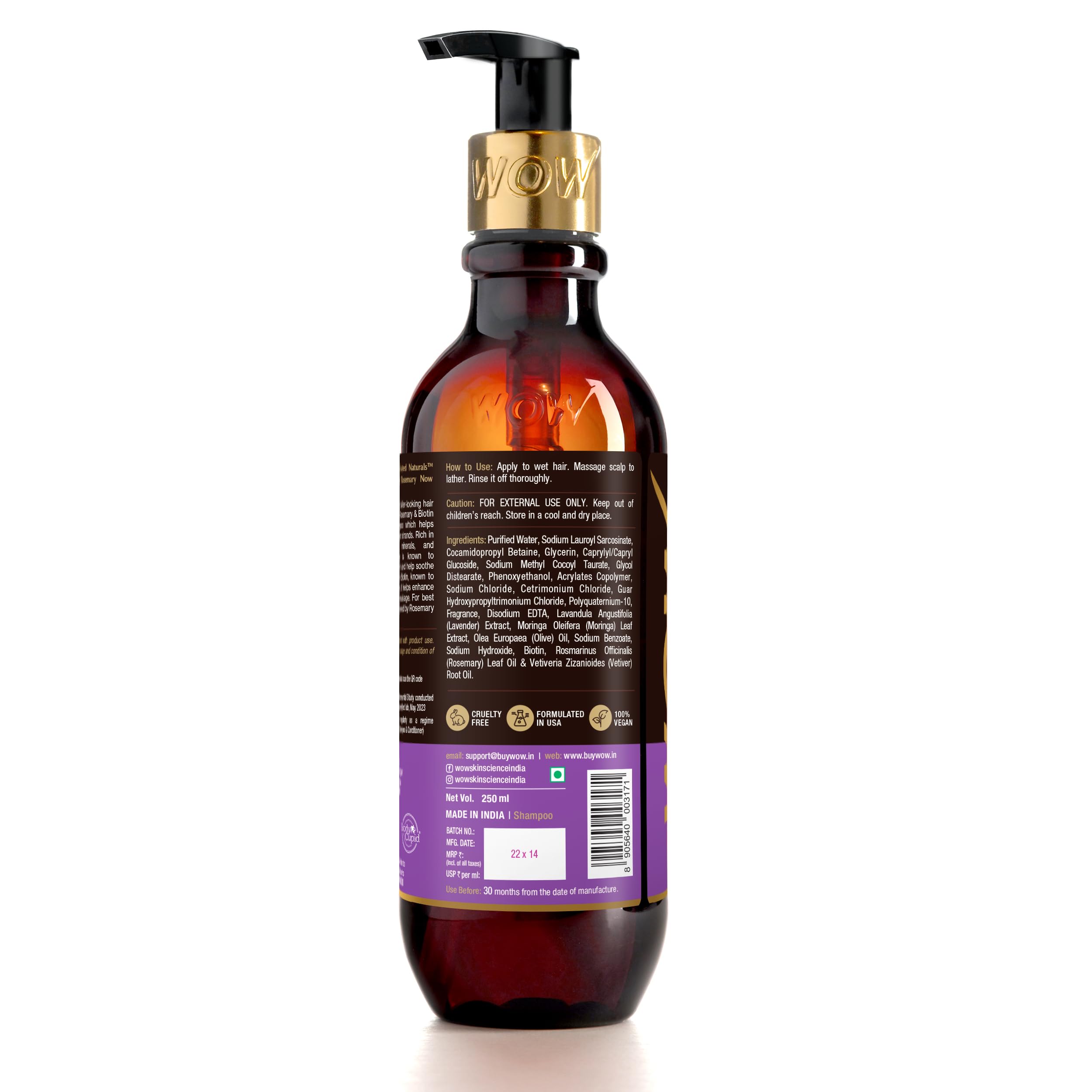 WOW Skin Science Rosemary & Biotin Hair Growth Shampoo - Reduces Hair Fall, Stimulates New Growth, Prevents Breakage & Split Ends, Adds Shine - 8.8oz - For Thinning Hair & Scalp Care - Perfect for Daily Use at Home or Salon