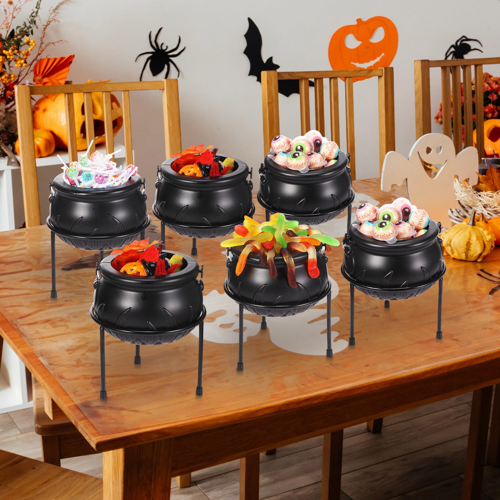 Jenaai 6-Piece Halloween Witch Cauldron Candy Bowl Set - Plastic Black Cauldrons with Stands for Candy Display - Perfect for Indoor/Outoween Party Decorations