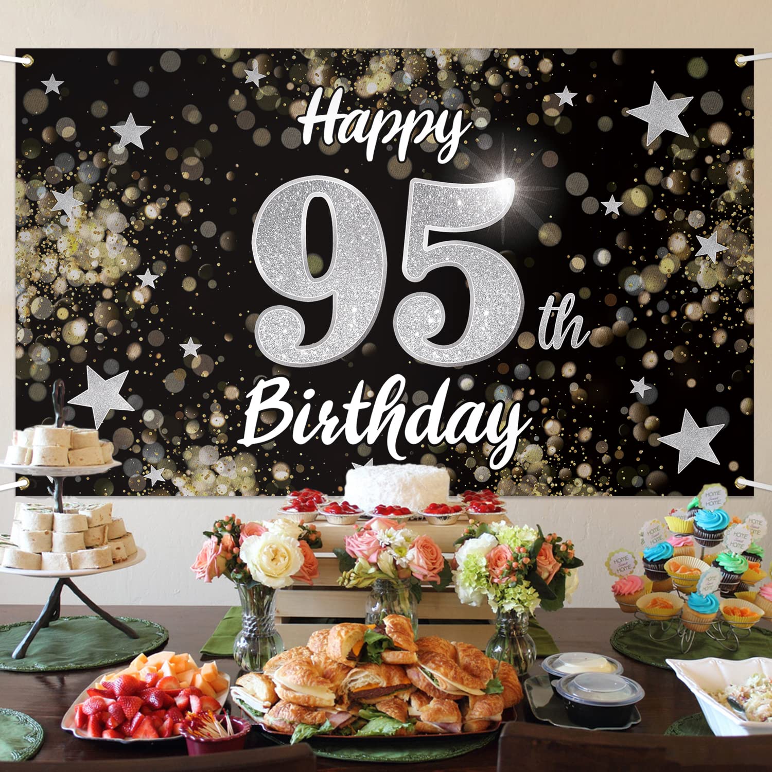 95th Birthday Decorations - Black & Silver Dream Star Large Backdrop Banner for 95 Years Old Celebration | Perfect for Milestone Birthday Parties, Anniversaries & Special Events