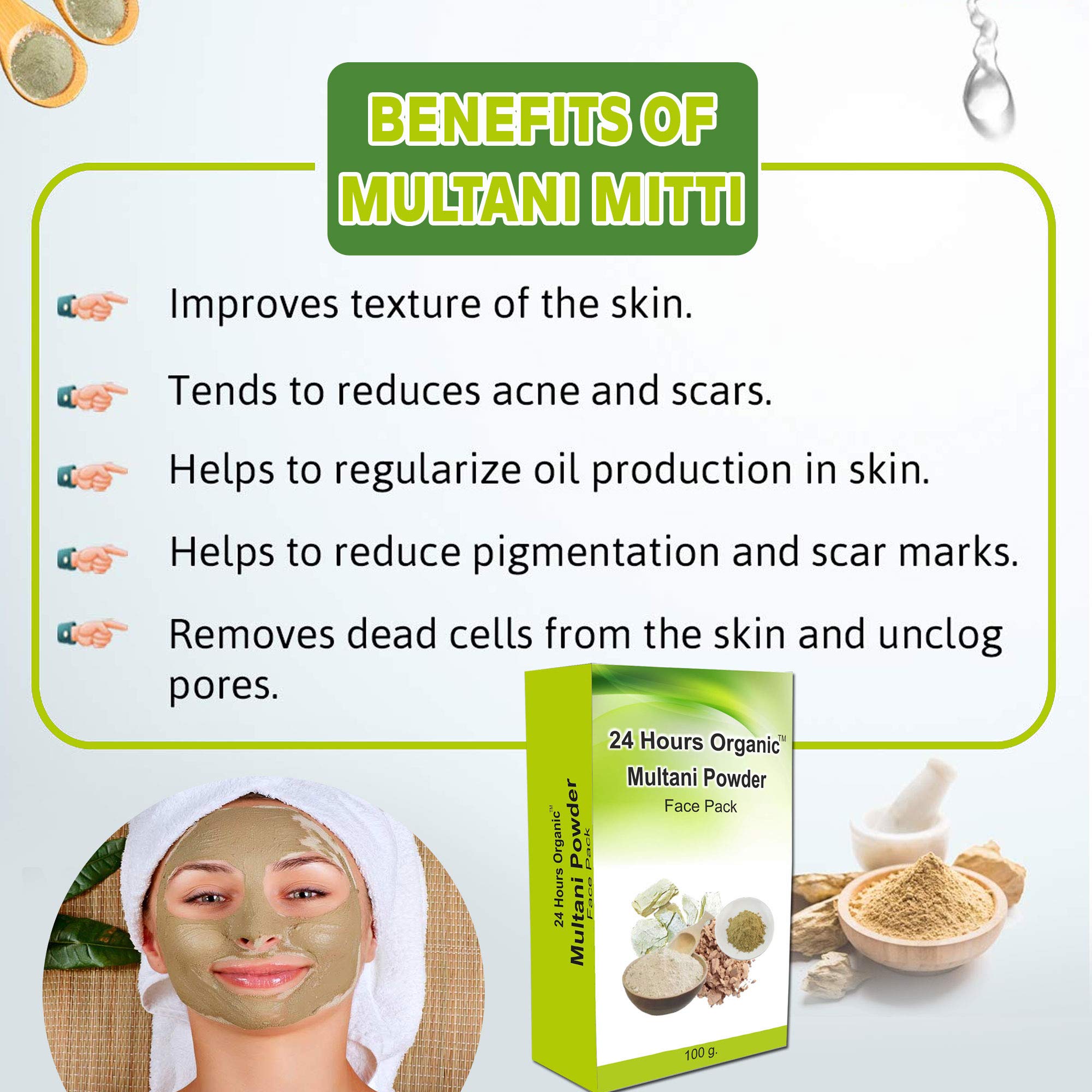 24 Hours Organic Multani Mitti Powder for Face Pack - 100% Pure & Natural Fuller's Earth Bentonite Clay - Anti-Tan & Skin Brightening - 100g with Free Rose Water - Perfect for Glowing Skin, Acne Treatment & DIY Beauty Masks at Home