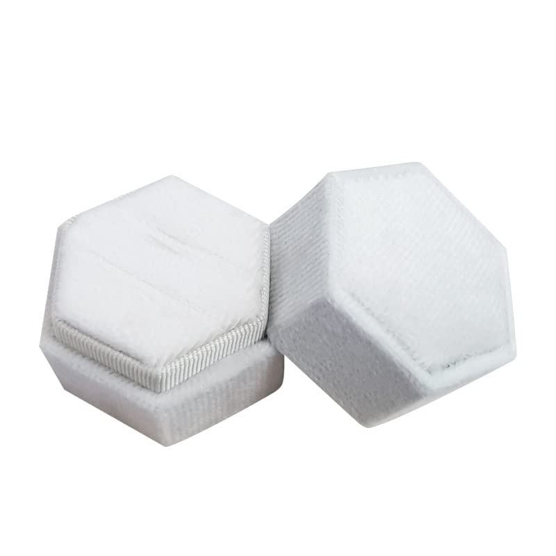 Blongme Velvet Hexagon Double Ring Box for Wedding, Proposal & Engagement - Detachable Lid, Elegant White Jewelry Box for Ceremonies, Gifts & Special Occasions
