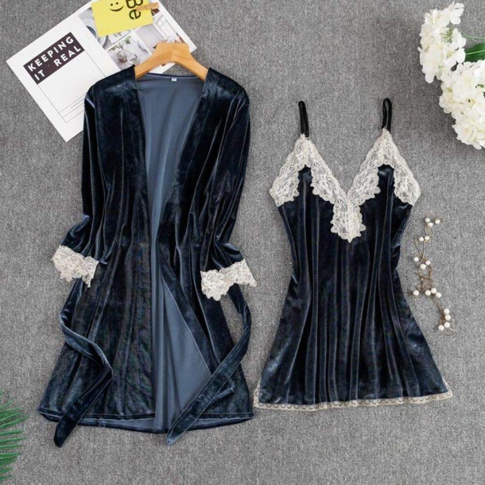 SDCVRE Winter Nightgown Pajama Set - Lace Velour Kimono Robe & Sleepwear for Women | Cozy Lounge Nightdress, Sexy Home Clothing (Blue, XL) | Perfect for Relaxing, Sleepovers & Winter Evenings