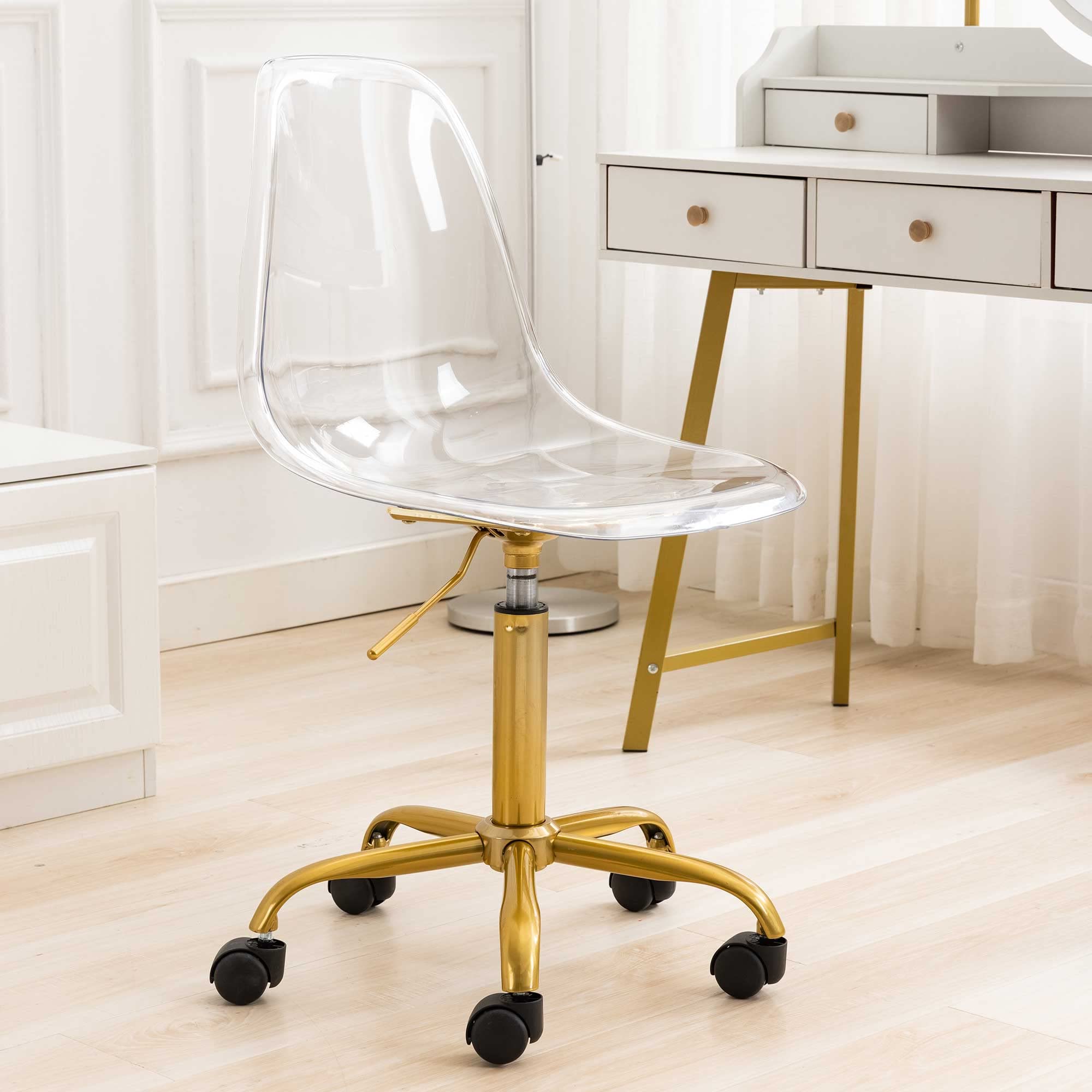 Acrylic Clear Desk Chair with Rolling Wheels & Swivel Base - Height Adjustable Armless Ghost Chair with Golden Feet for Home Office, Vanity, or Study Room