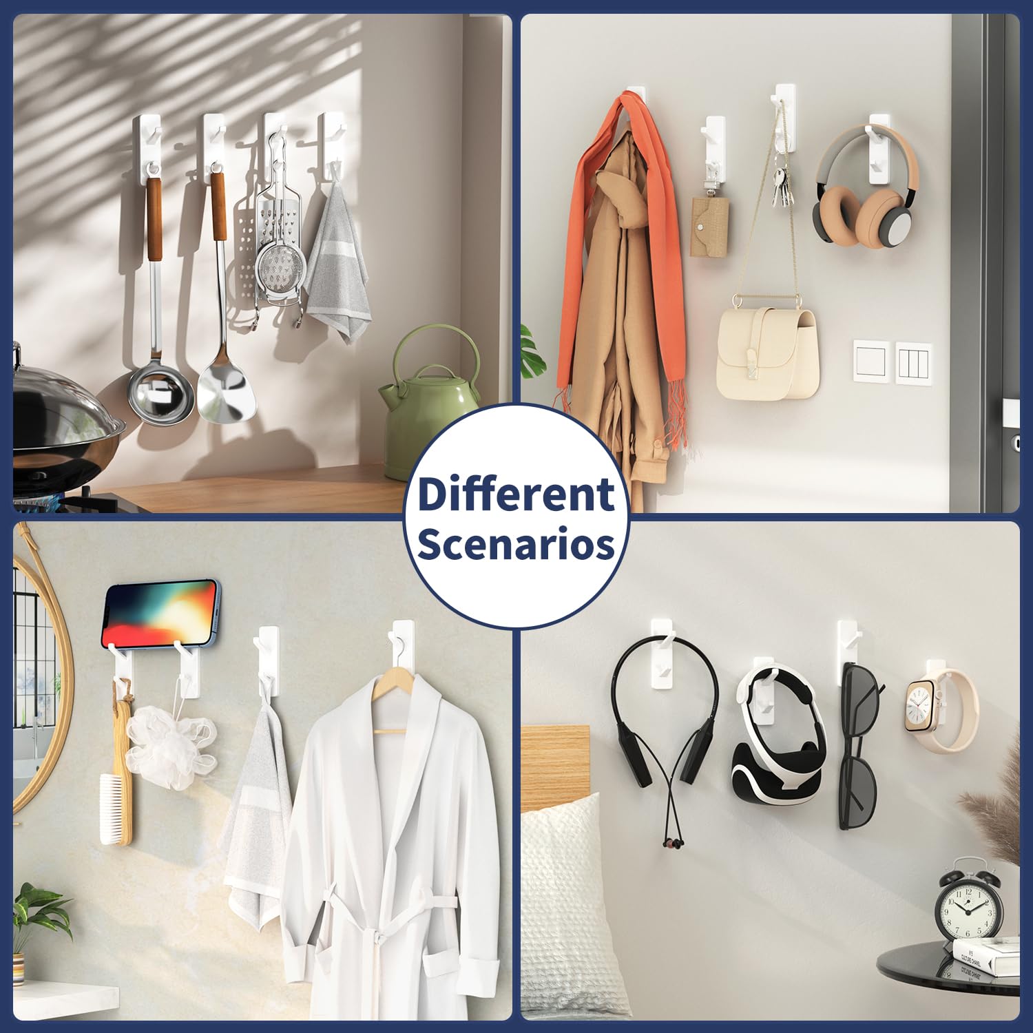 Self Adhesive Wall Hooks - 6 Pack Heavy Duty Sticky Hooks (13 LB Capacity) for Bathroom, Kitchen, Shower - White Metal Coat Hooks & Towel Hangers - Perfect for Organizing Home, Office, Dorm Room