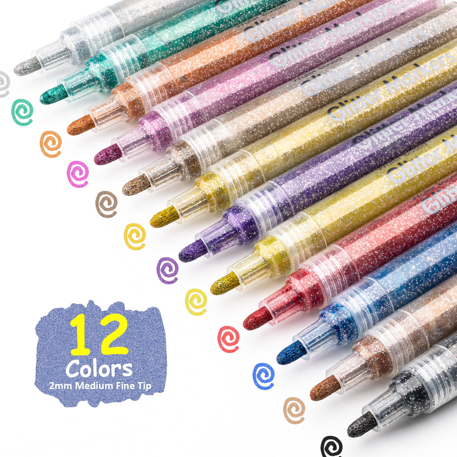 IJIANG 12-Color Glitter Markers Set - Metallic Paint Pens for Kids & Adults - Perfect for Greeting Cards, Art Drawing, Rock Painting, Posters, Scrapbooking & DIY Crafts (3mm Medium Tip) - Great for Birthday Parties, School Projects & Creative Gift Wrapping