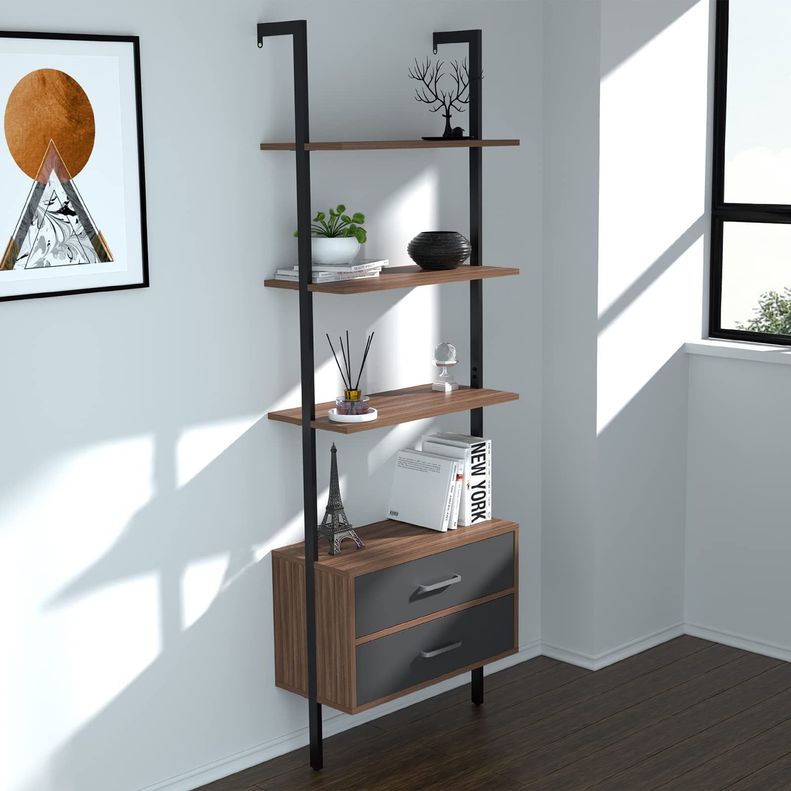 Modern 3-Tier Wall Mounted Ladder Shelf with Drawers - Sturdy Metal Frame & Wood Shelves - Space-Saving Bookshelf for Living Room, Bedroom, Office - Perfect for Organizing Books, Decor & Essentials (22