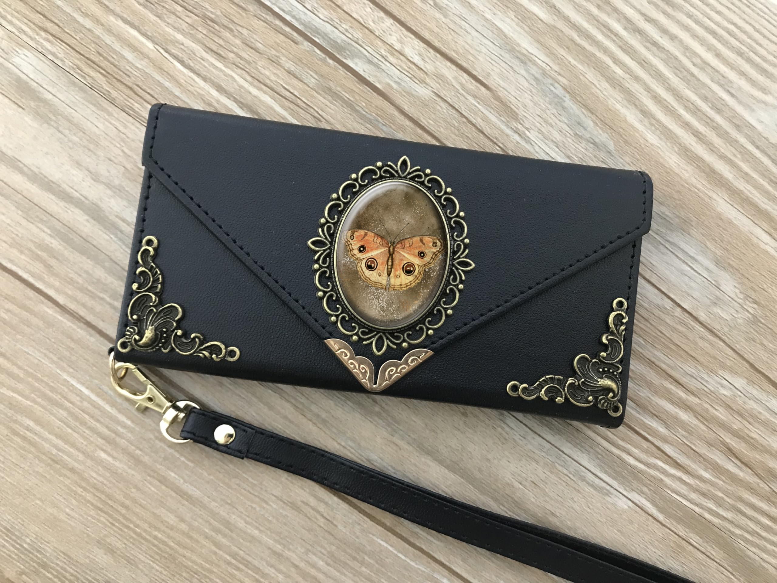 Victorian Butterfly Leather Wallet Phone Case for iPhone X/XS/XR/11/12/13/14/15/16 Pro Max & Galaxy S24/S23/S22/S21/S20 Ultra/S10/S9/Note 20/8/9/10 Plus (MN1619) - Slim Protective Cover with Card Slots for Everyday Use & Travel