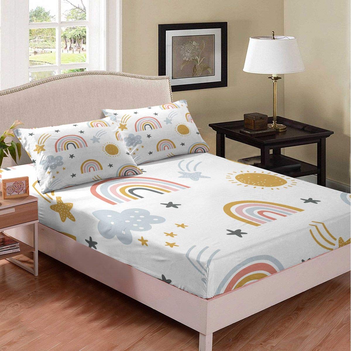 Erosebridal TwinXL Rainbow Cartoon Bed Sheets Set - Sun and Stars Design, Soft Microfiber, Includes 1 Fitted Sheet & 1 Pillowcase - Perfect for Kids' Rooms, Dorm Decor, and Fun Bedroom Themes