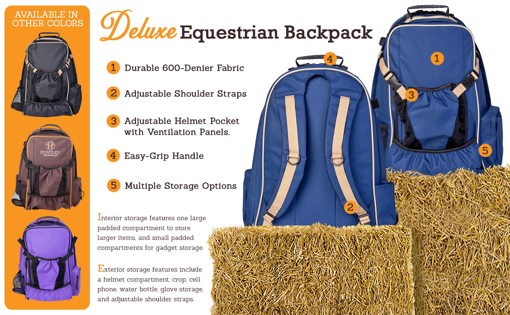 Huntley Equestrian Deluxe Heavy Duty Nylon Horse Riding Backpack - Waterproof Exterior Storage Bag with Adjustable Shoulder Straps - Perfect for Horse Shows, Trail Rides & Outdoor Adventures