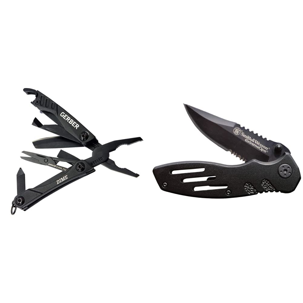 Gerber Gear 30-000469N 12-in-1 Dime Multitool Mini - Compact Pocket Knife with Needle Nose Pliers, Bottle Opener & Keychain - EDC Gear for Camping, Hiking & Everyday Carry (Black) | Smith & Wesson Extreme Ops SWA24S 7.1in Stainless Steel Folding Knife for Outdoor Survival & Tactical Use