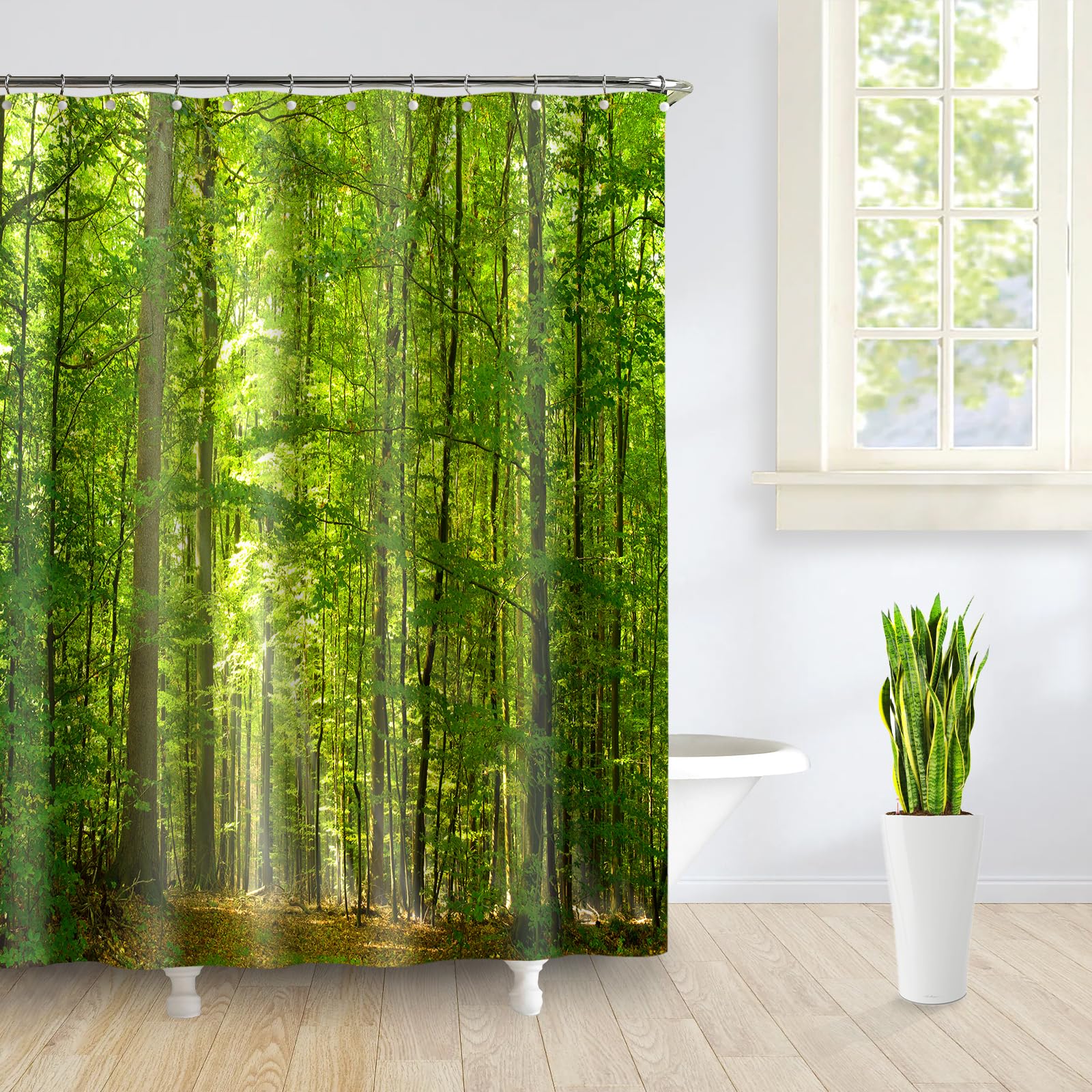 SRJ2018 Woodland Decor Shower Curtain Set - Deciduous Forest Summer Foliage with Sunlight | Romantic Holiday Scenic Bathroom Accessories 180x180cm (71x71 inches) Green & Yellow | Perfect for Nature-Themed Bathrooms, Cabin Retreats & Boho Home Decor