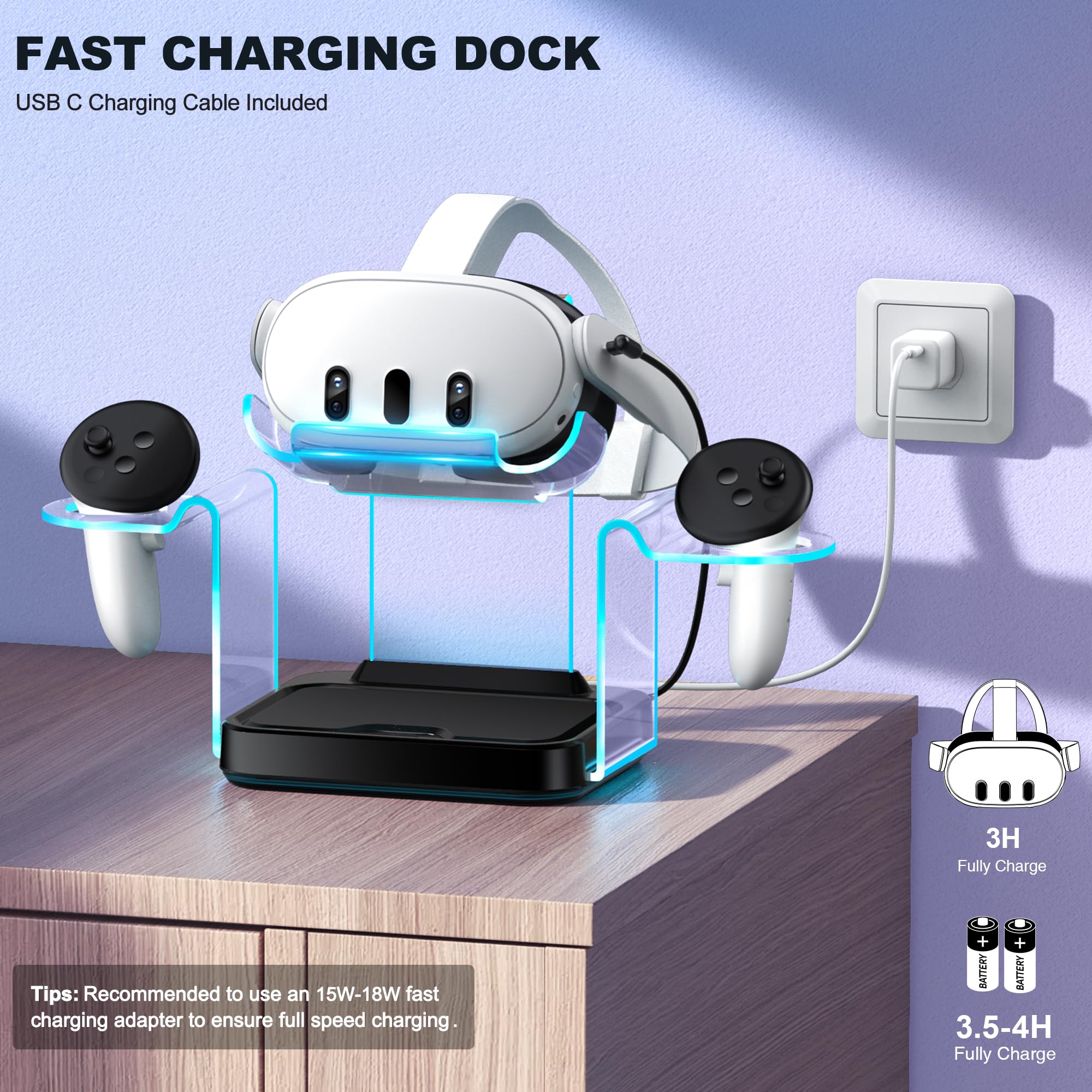 Fast Charging Dock Station for Meta Quest 3/3S/2 & Oculus Quest 2 with 4 Rechargeable Batteries, LED Indicator & USB-C Cable - VR Headset Display Stand & Controller Charger for Gaming, Entertainment & Virtual Reality Experiences