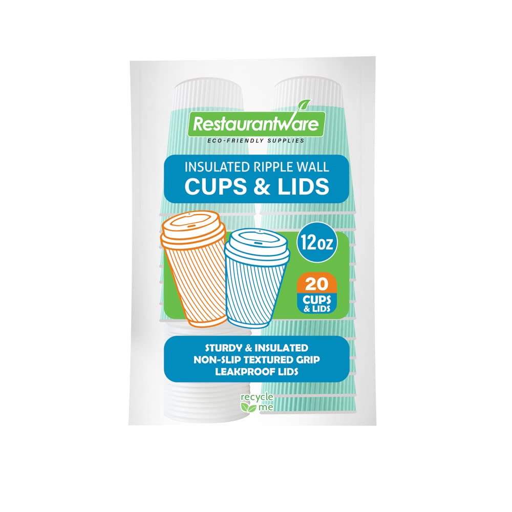 12oz Insulated Paper Coffee Cups with Lids (20-Pack) - Leakproof & Non-Slip Ripple Wall Design, Light Green Disposable Hot Cups for Coffee, Tea, Hot Cocoa & Lattes - Perfect for Cafes, Offices & Catering Events