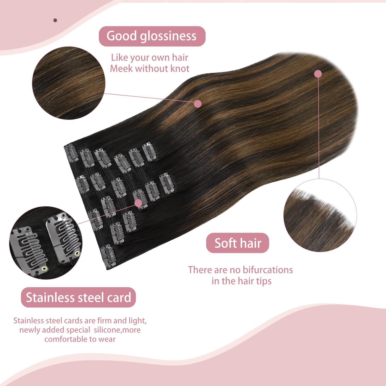 HUAYI Clip in Human Hair Extensions - Ombre Dark Brown to Chestnut Brown 120g 14inch 7pcs Remy Hair | Thick Balayage Hair Extensions for Full Head Coverage (#2/6/2) | Perfect for Parties, Weddings & Daily Styling