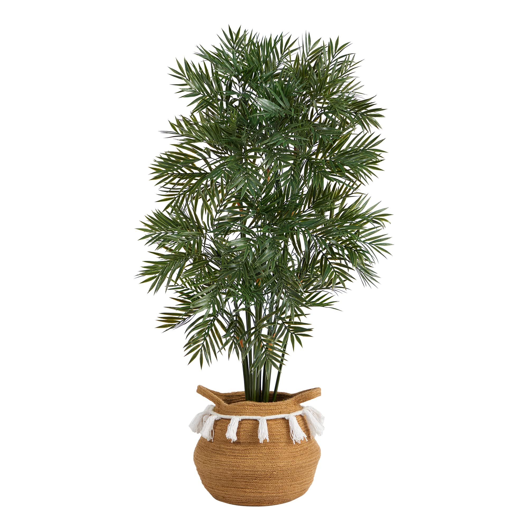 4ft Parlor Palm Artificial Tree in Boho Chic Handmade Cotton Woven Planter with Tassels - Perfect for Home Office Decor, Boho Living Room, and Indoor Plant Lovers