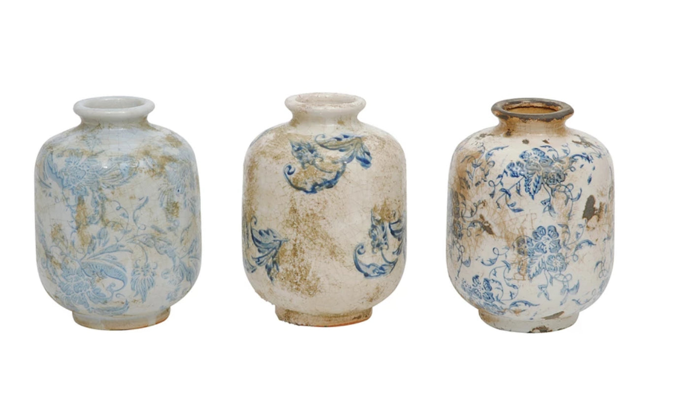 Antique Style Cream & Blue Terracotta Transferware Vase - Floral Narrow Vase for Home Decor, Farmhouse Table Centerpiece, Wedding Floral Arrangement, Rustic Shelf Display