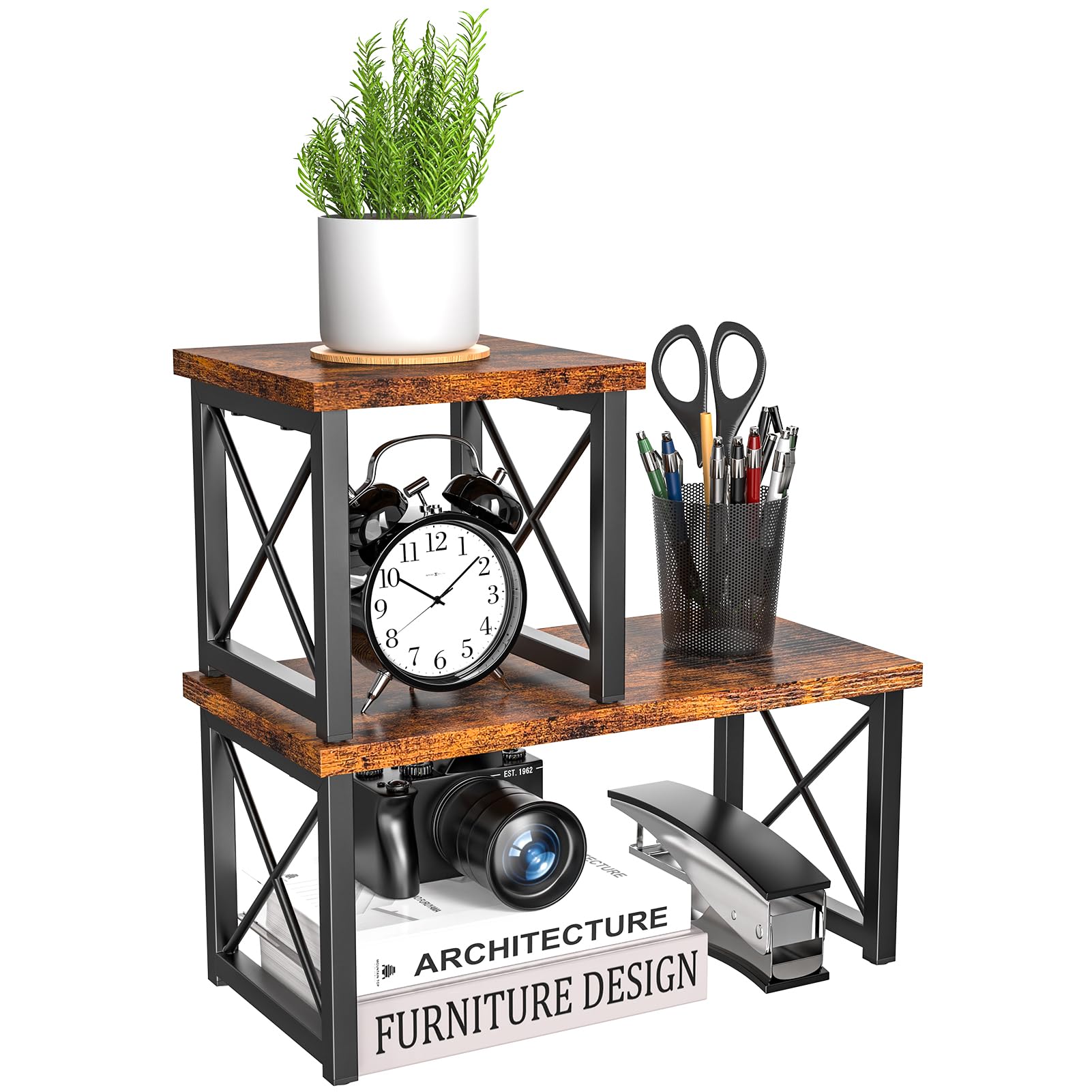 2-Tier Wooden Desk Shelf Organizer - Adjustable & Stackable Desktop Bookshelf for Office & Home - Rustic Freestanding Storage Rack - Perfect for Organizing Books, Decor & Office Supplies on Your Desk