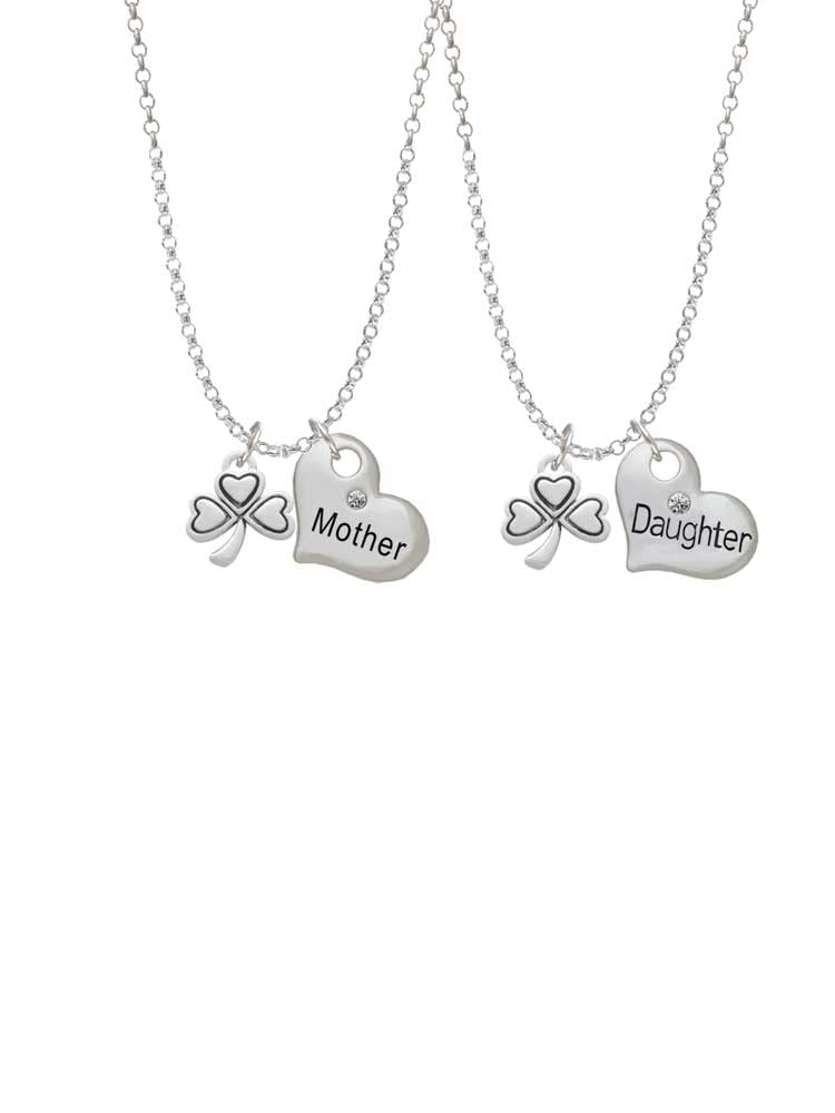 Antique Silver Tone Shamrock Mother Daughter Heart Necklace Set (2 Pcs, 19