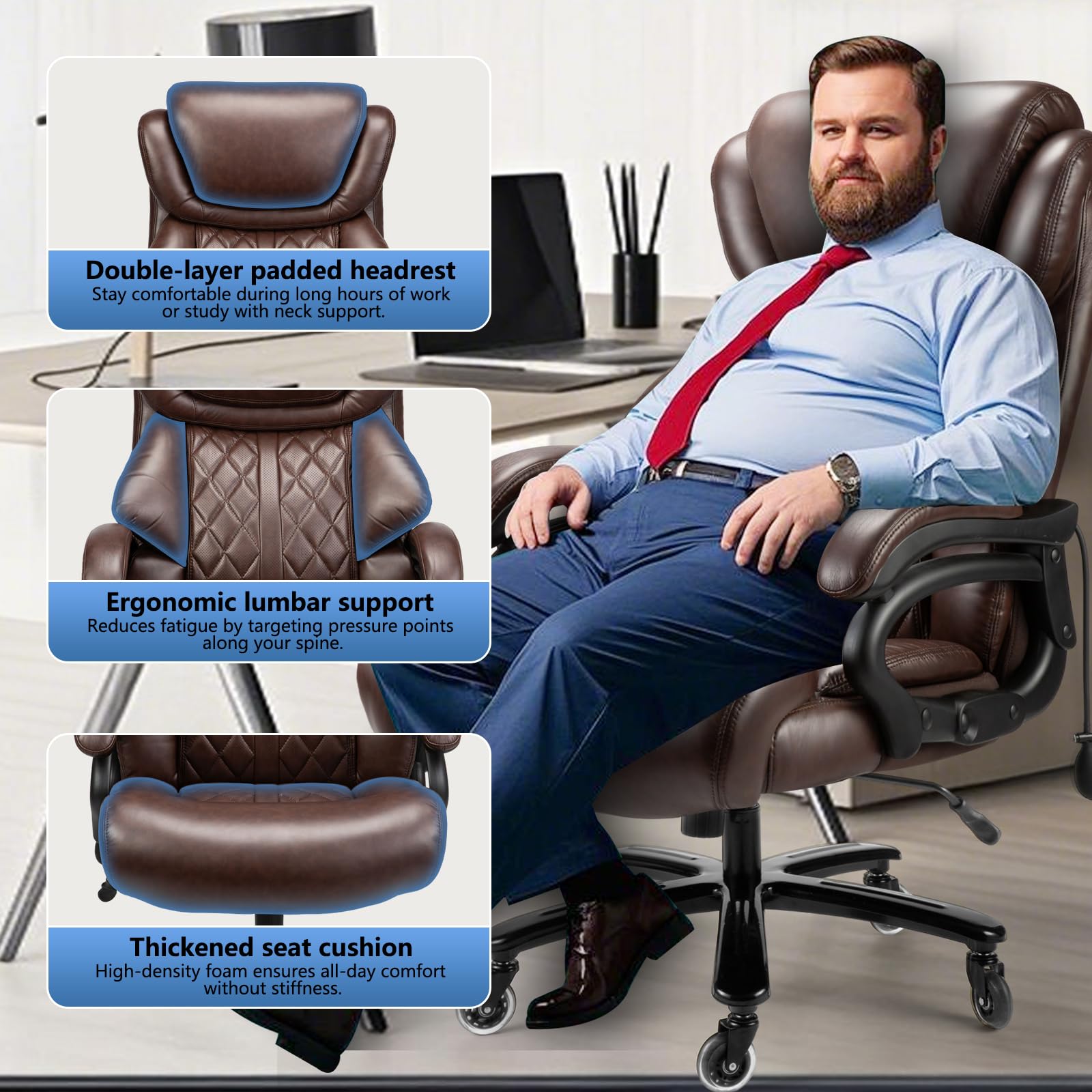 Big and Tall Office Chair 600lbs Capacity - Heavy Duty Executive Computer Chair with Adjustable Lumbar Support & Silent Wheels - Large Ergonomic Desk Chair for Home Office - Perfect for Big & Tall Professionals (Brown) - Ideal for Long Work Hours & Heavy Duty Use