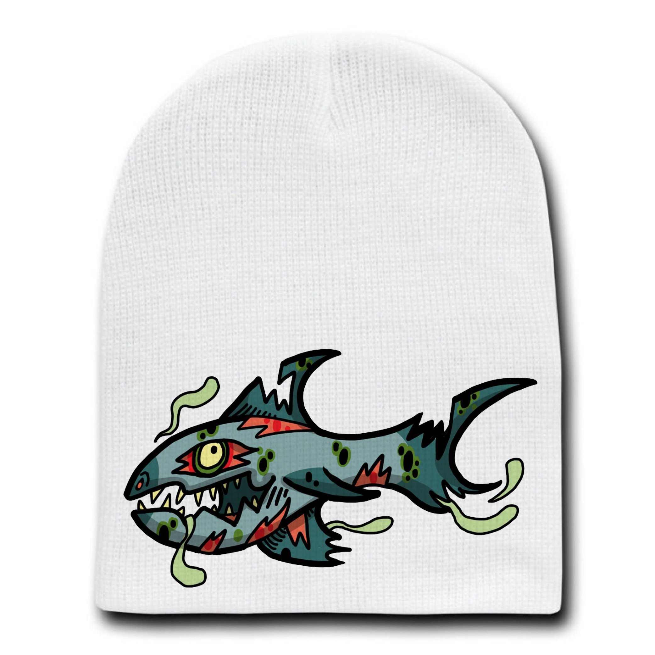 Zombie Shark Funny Animal Zombie Cartoon White Beanie Skull Cap Hat - Cute Winter Hat for Cosplay, Halloween Costume & Casual Wear