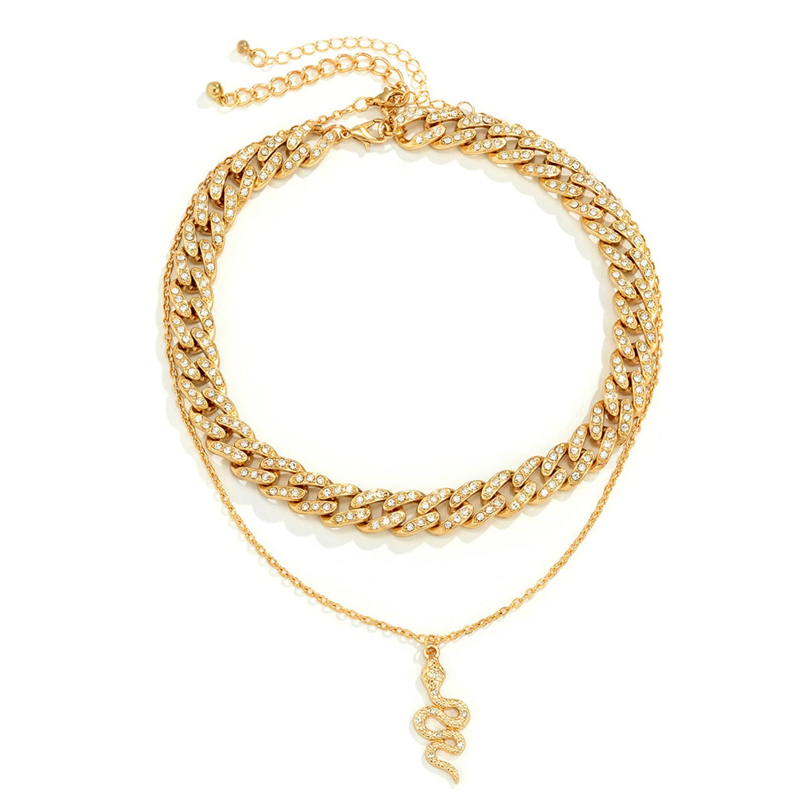 CZ Snake Pendant Layered Choker Necklace for Women - 18K Gold Plated Cuban Chain 2 Layer Necklace Set, Elegant Layered Necklace for Party, Date Night & Special Occasions