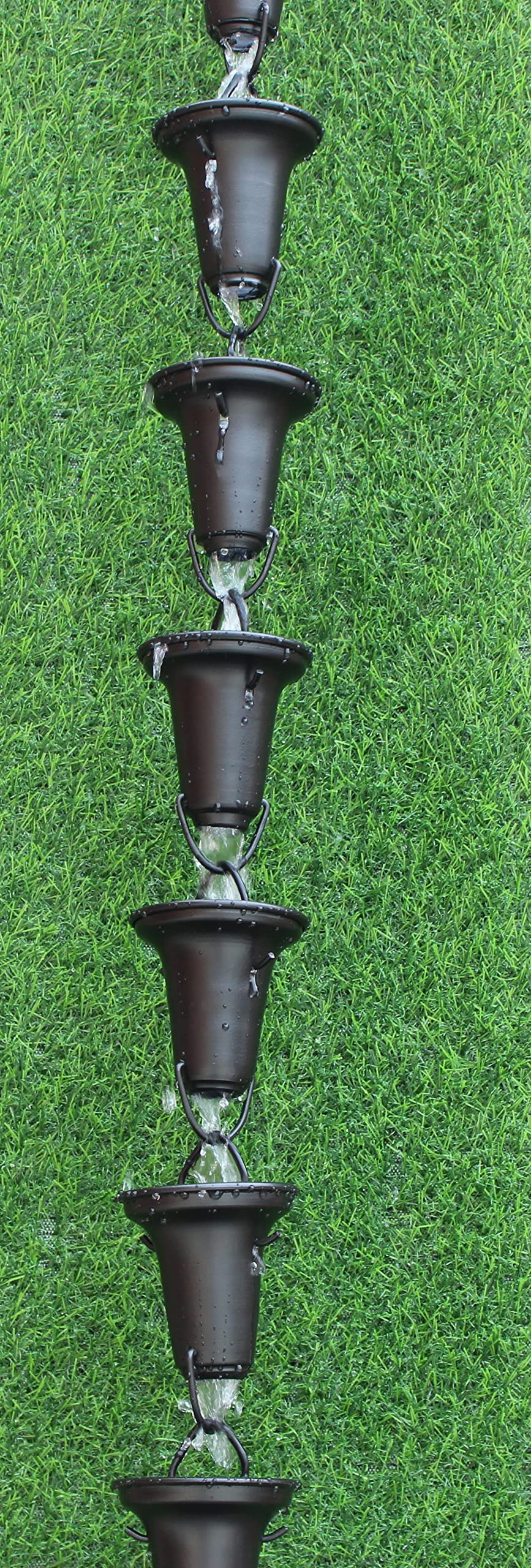KAM Home Flared Cups Rain Chain with Brass Bolt Gutter Adapter - Black (15 Pack) - Easy Rainwater Drainage Solution for Roof Gutters & Garden Decor