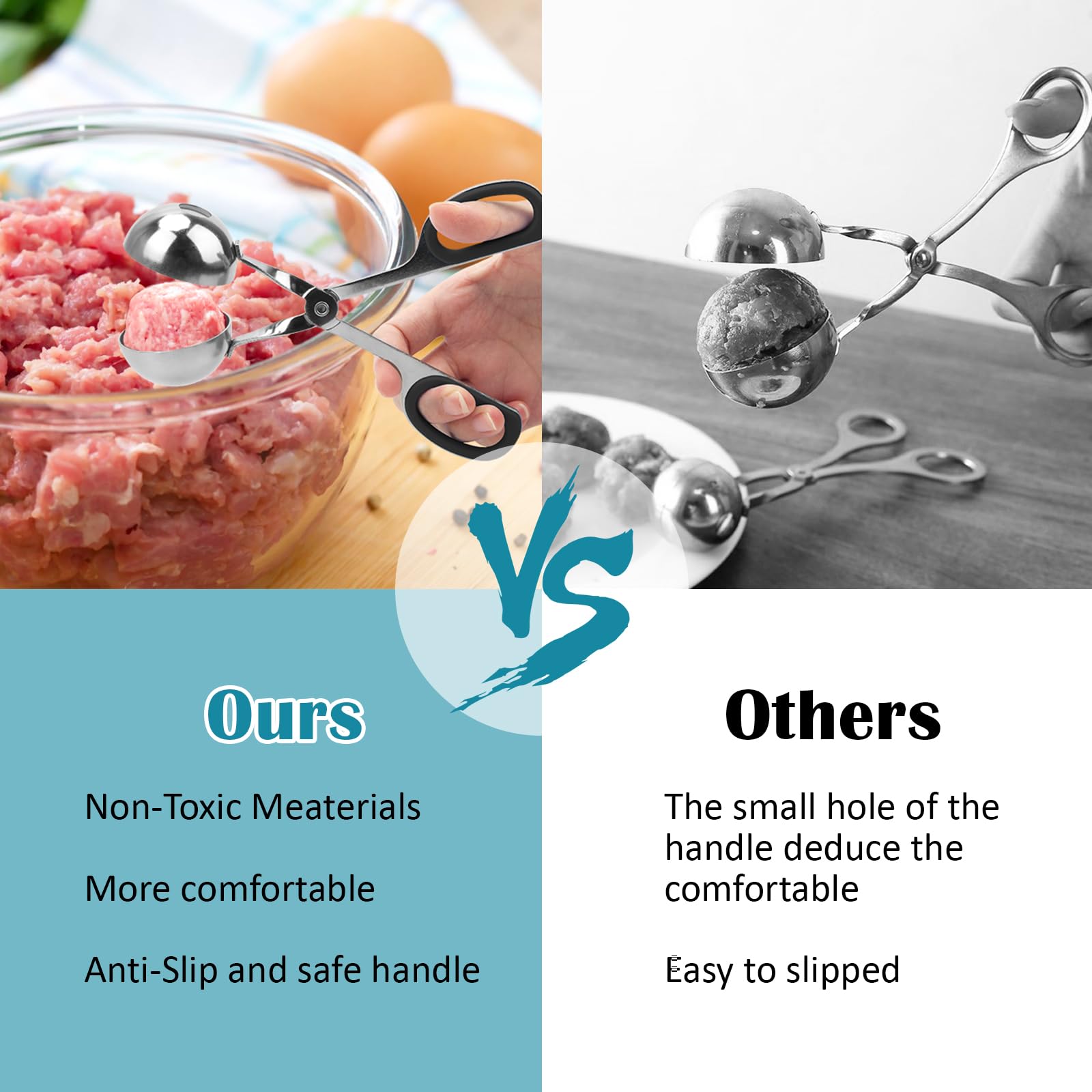 AHIER 2-Piece Non-Stick Meatball Maker Scoop with Detachable Anti-Slip Handles - Stainless Steel Meat Baller & Cake Pop Scoop for Kitchen - Perfect for Making Meatballs, Cookie Dough Balls & Cake Pops