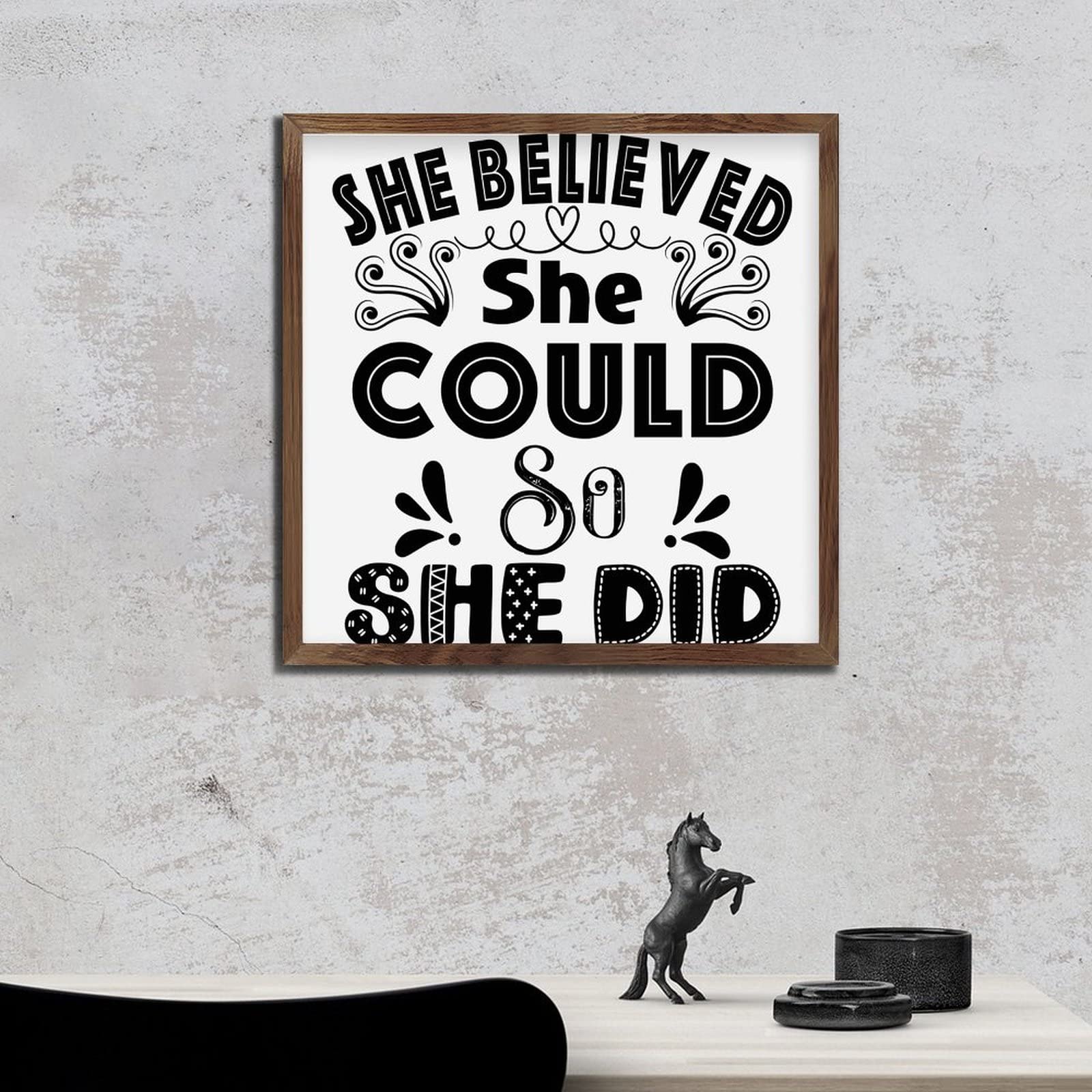 Inspirational Wooden Wall Sign - 'She Believed She Could So She Did' - 12x12in Home Decor for Bedroom, Kitchen & Dining Room - Perfect Housewarming Gift for Motivation & Encouragement