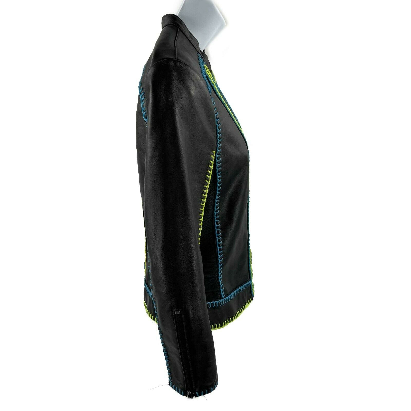 Herve Leger Black Moto Biker Jacket - Women's Leather Jacket with Contrast Stitching, Size Small (S) | Perfect for Motorcycle Riding, Night Out & Fashion Statement