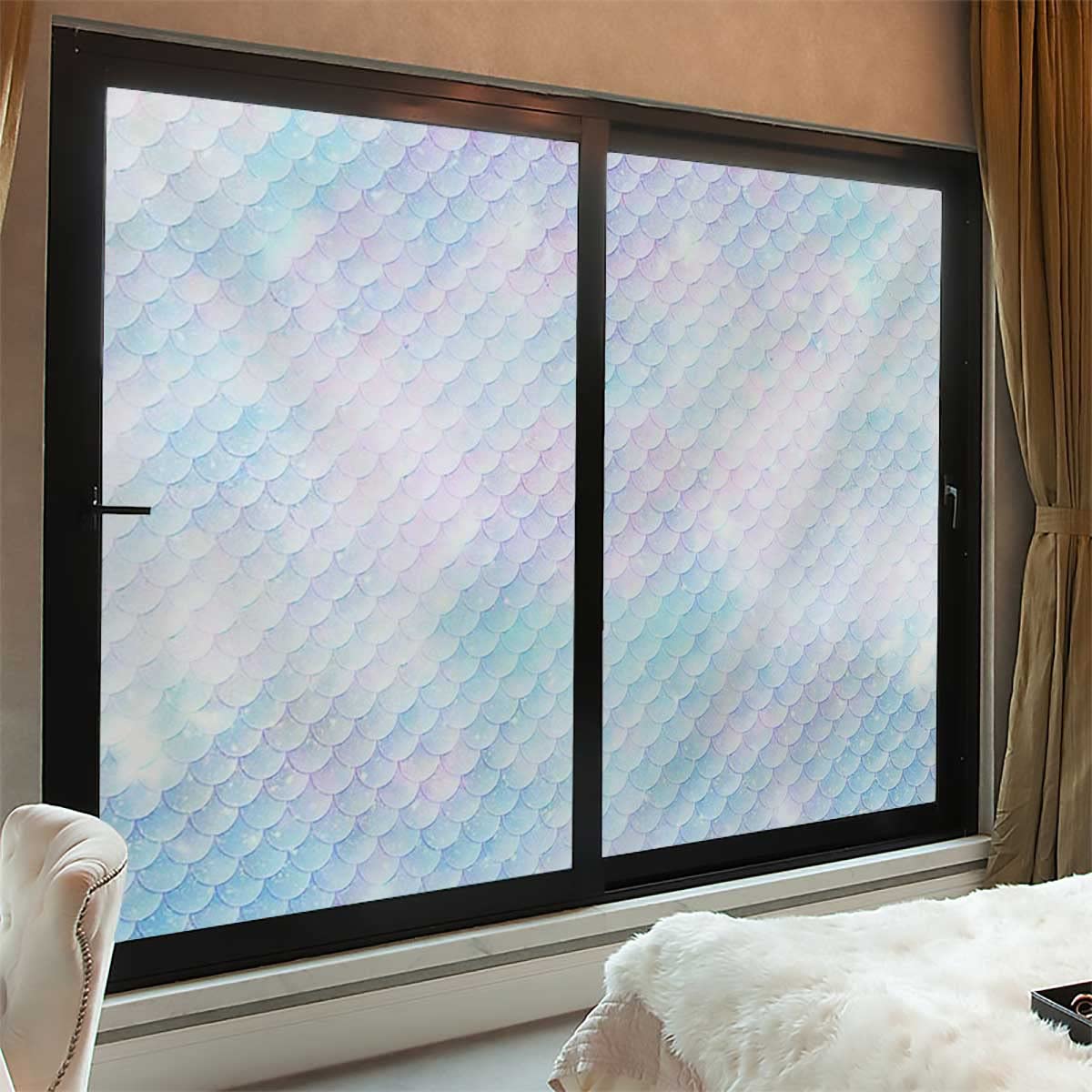 3D Mermaid Scales Privacy Window Film - Static Cling Self-Adhesive Glass Sticker for Bathroom, Bedroom & Office Decoration